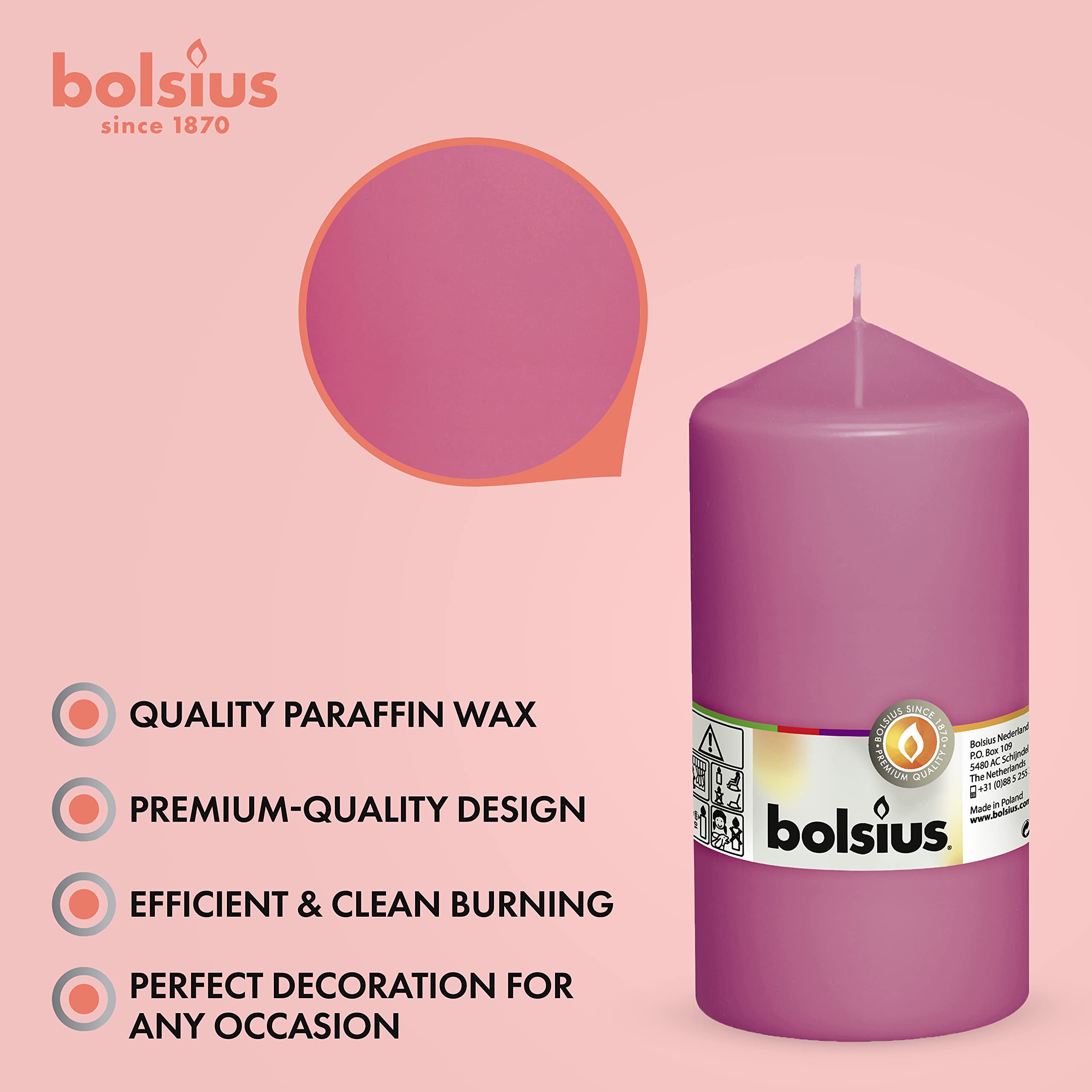 BOLSIUS 4 Pink Pillar Candles - 3x6 Inches - Individually Wrapped - Premium European Quality - 65+ Burn Hours - Dripless & Smokeless Smooth Flame - Unscented Dinner, Wedding, Party, & Décor Candles