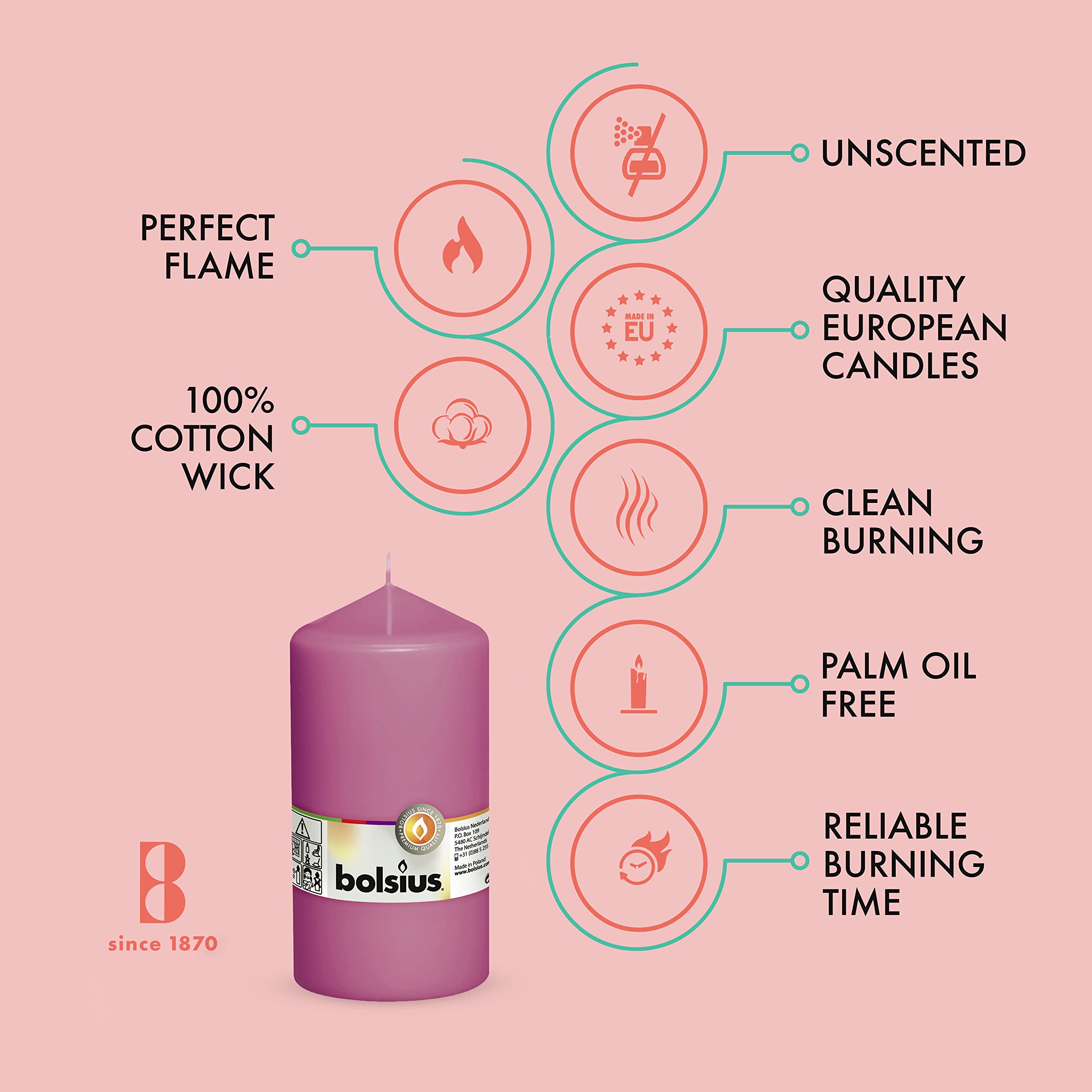 BOLSIUS 4 Pink Pillar Candles - 3x6 Inches - Individually Wrapped - Premium European Quality - 65+ Burn Hours - Dripless & Smokeless Smooth Flame - Unscented Dinner, Wedding, Party, & Décor Candles