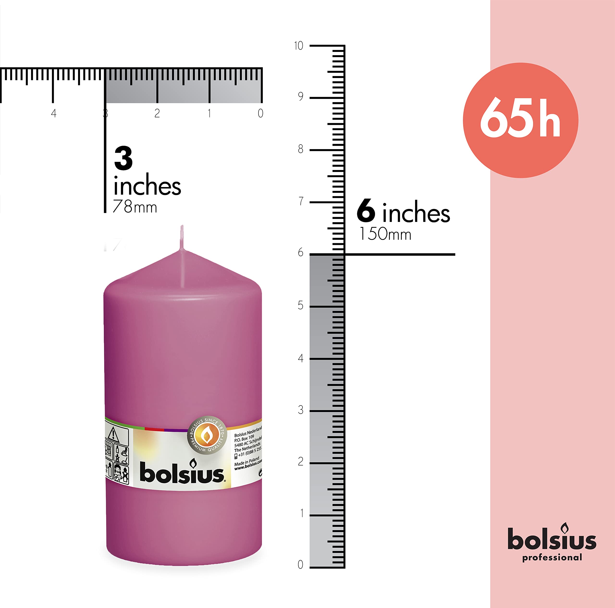 BOLSIUS 4 Pink Pillar Candles - 3x6 Inches - Individually Wrapped - Premium European Quality - 65+ Burn Hours - Dripless & Smokeless Smooth Flame - Unscented Dinner, Wedding, Party, & Décor Candles