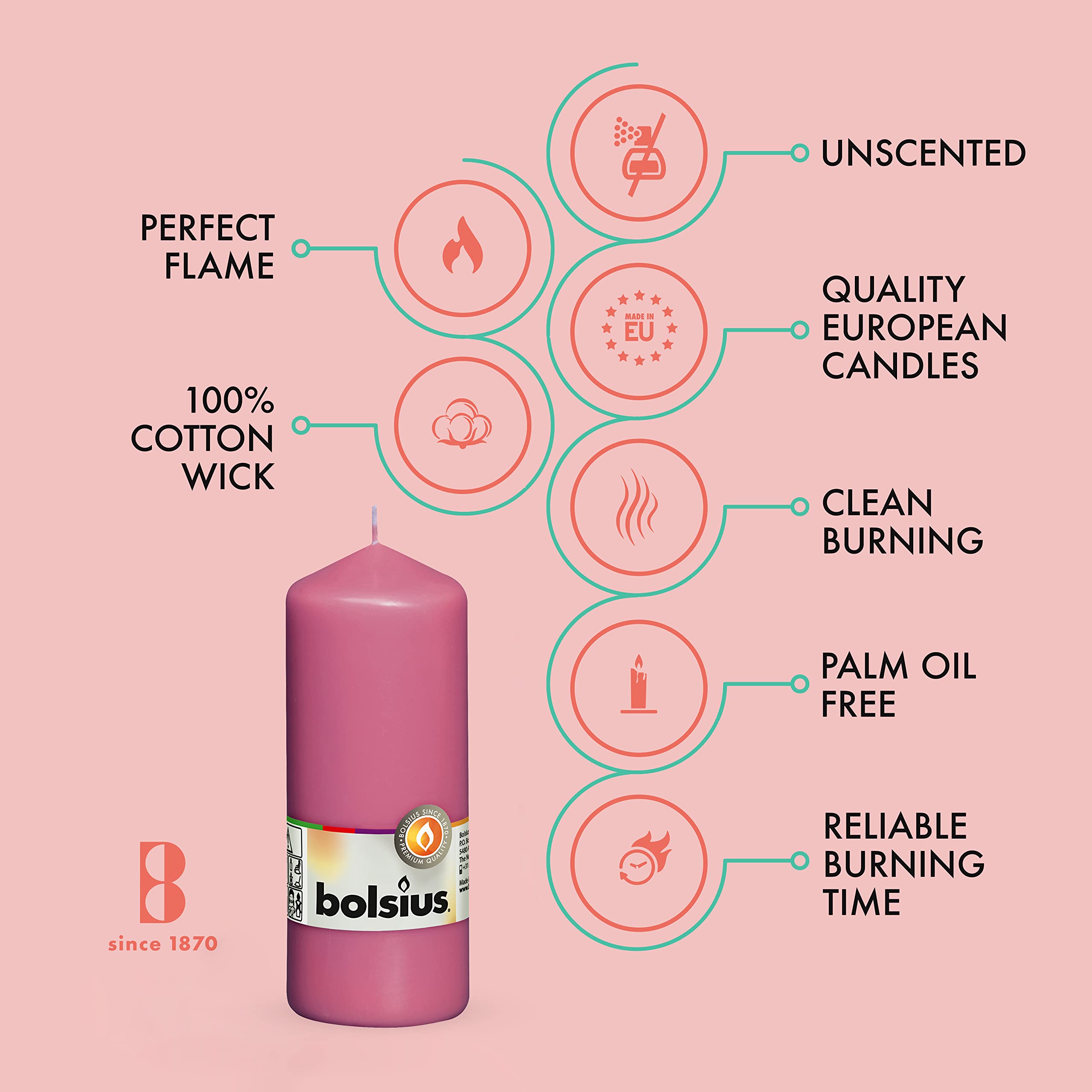 BOLSIUS 10 Pink Pillar Candles - 2.25 x 6 Inches - Premium European Quality - Individually Wrapped - 42 Hours Burn Time - Dripless Smokeless Unscented Dinner, Wedding, Party, & Restaurant Candles