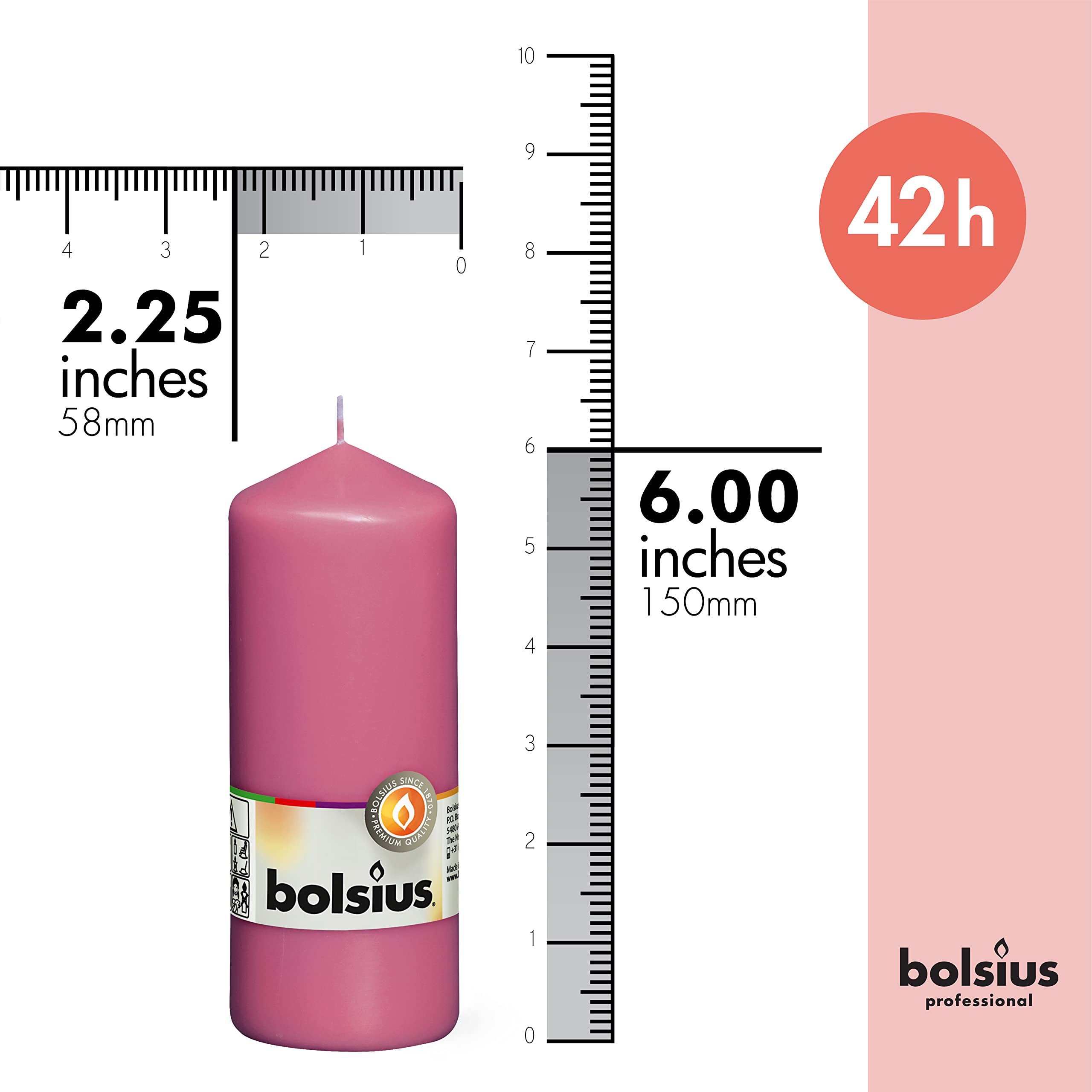 BOLSIUS 10 Pink Pillar Candles - 2.25 x 6 Inches - Premium European Quality - Individually Wrapped - 42 Hours Burn Time - Dripless Smokeless Unscented Dinner, Wedding, Party, & Restaurant Candles