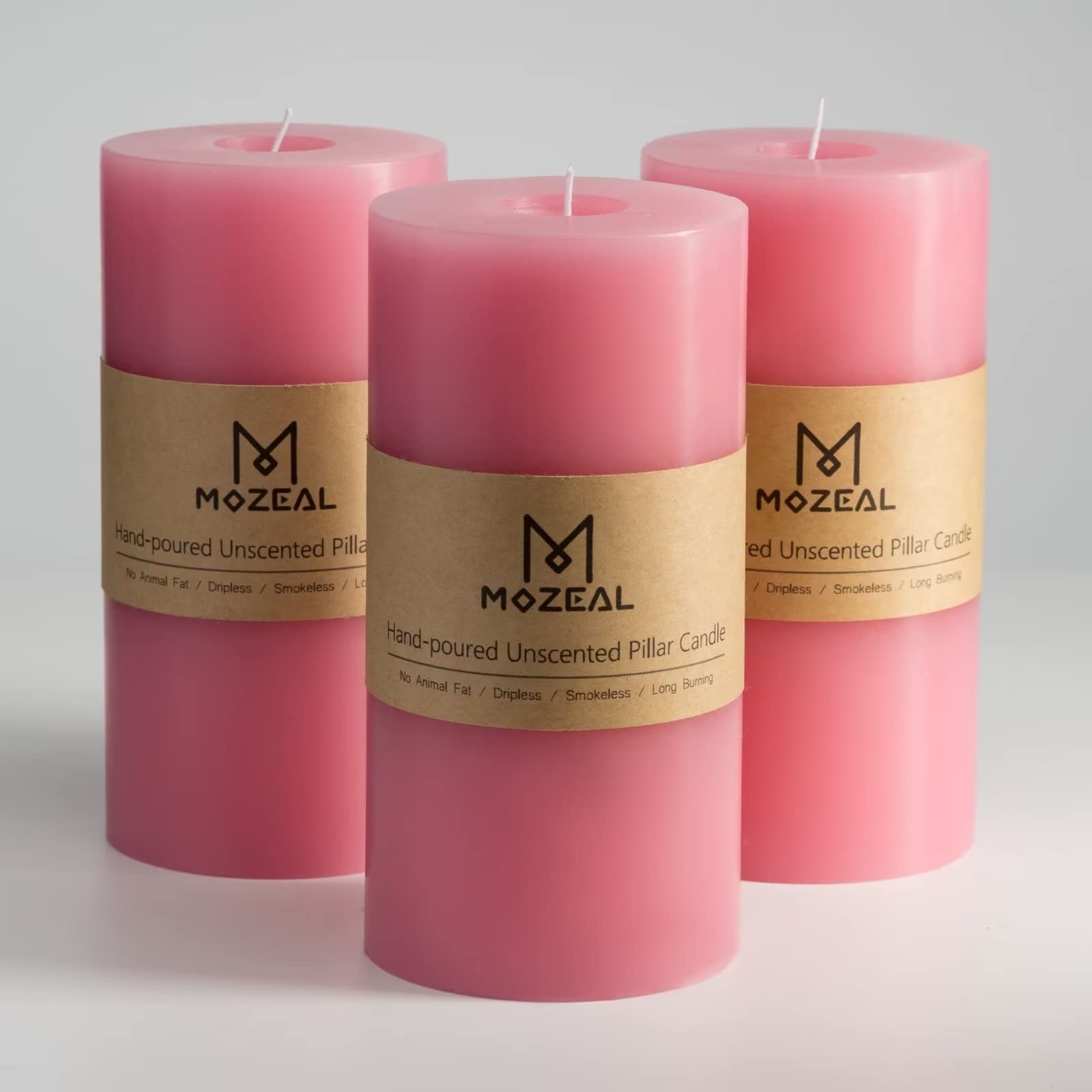 MOZEAL 3" x 6" Hand-poured Unscented Candle,Dripless Pillar Candle Set of 3,Long Lasting Burning,Approx 120 Hours Burn Time,Rustic Country Style,for Wedding,Dinner,Christmas and Home Decor,Pink