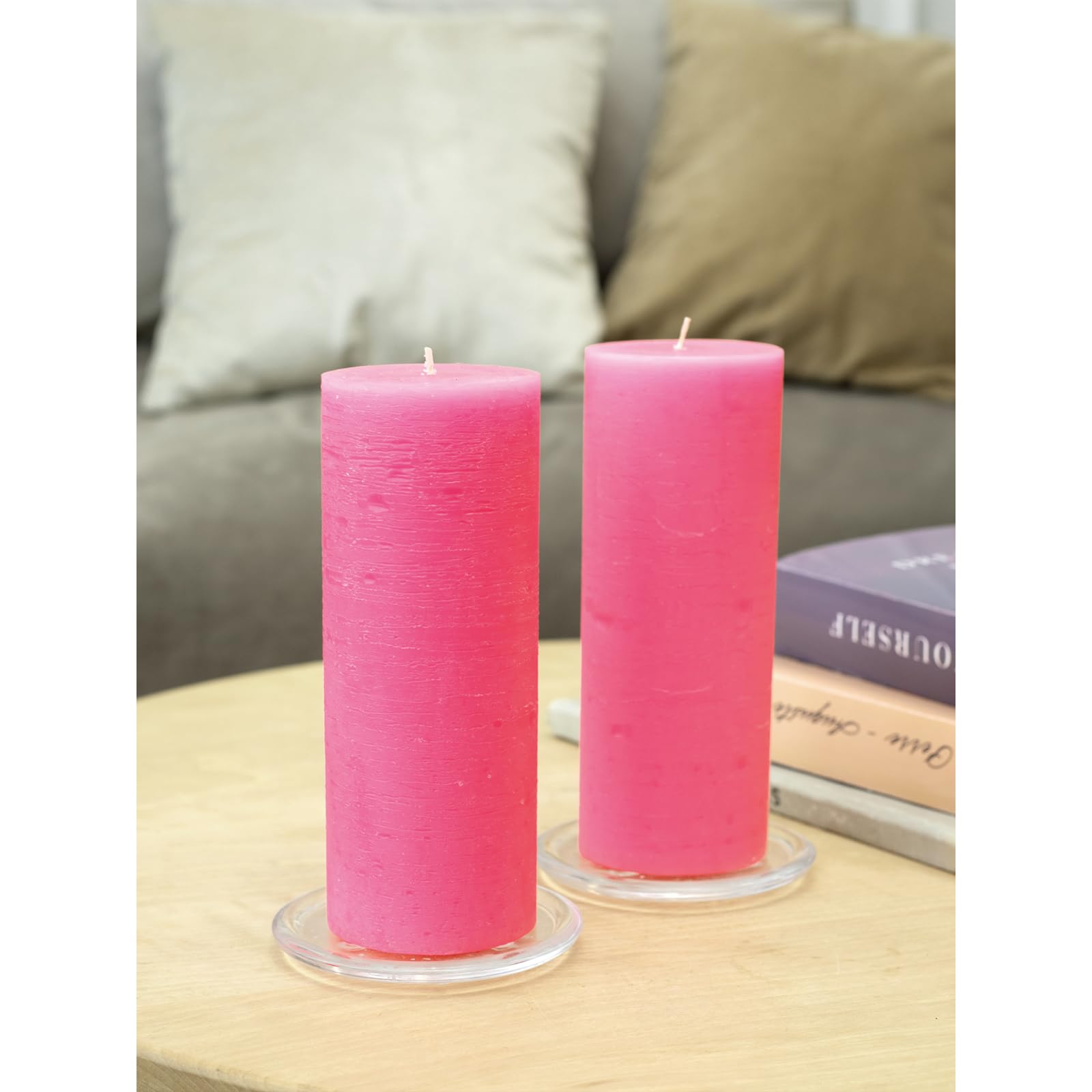 CANDWAX 3x8 Pillar Candle Set of 2 - Decorative Rustic Candles Unscented and No Drip Candles - Ideal as Wedding Candles or Large Candles for Home Interior - Hot Pink Candles