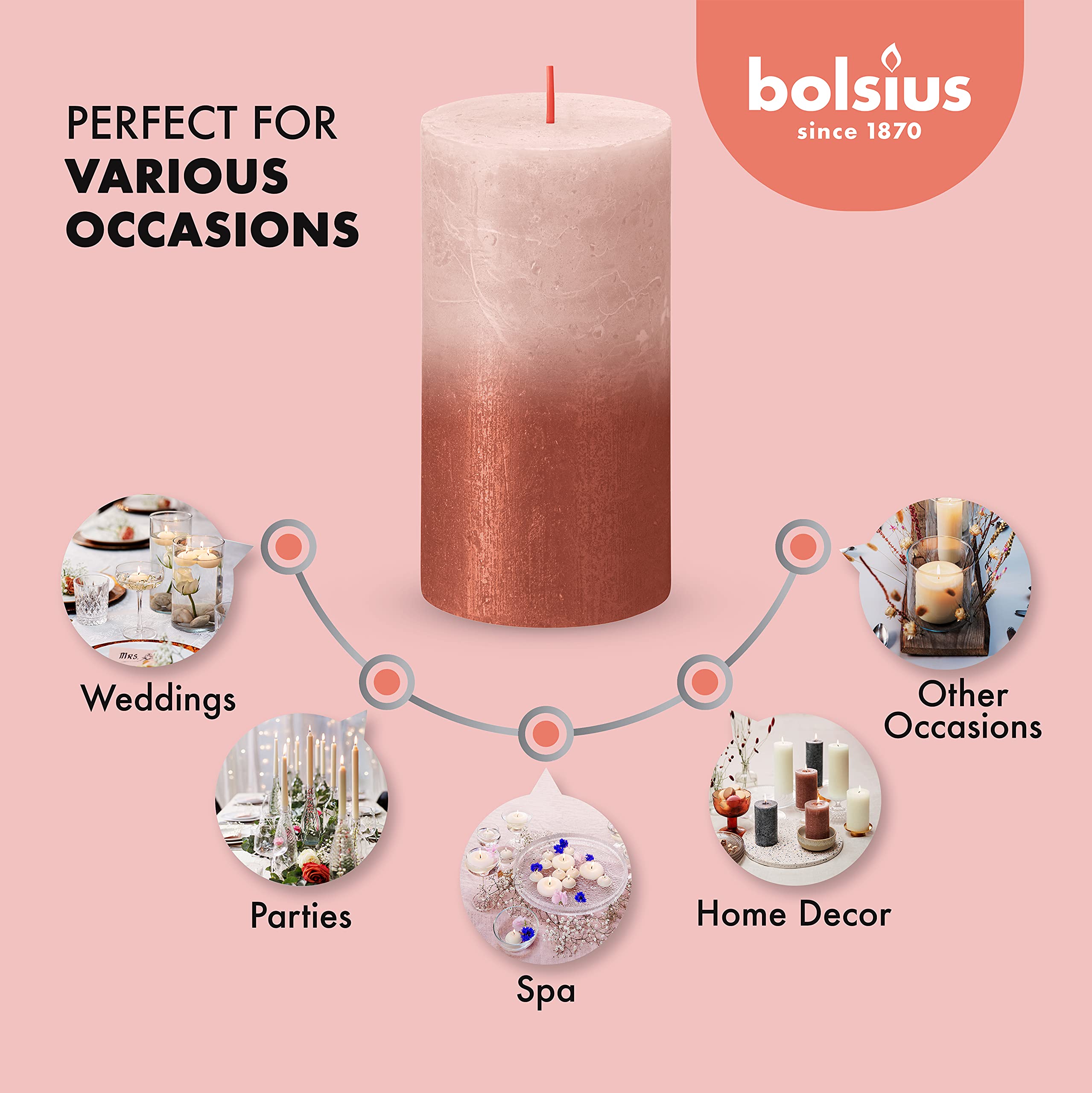 BOLSIUS 4 Pack Misty Pink/Amber Sunset Rustic Metallic Pillar Candles - 2.75 X 5 Inches - Fine European Quality - includes Natural Plant-Based Wax - Unscented Dripless Smokeless 60 Hour Candles