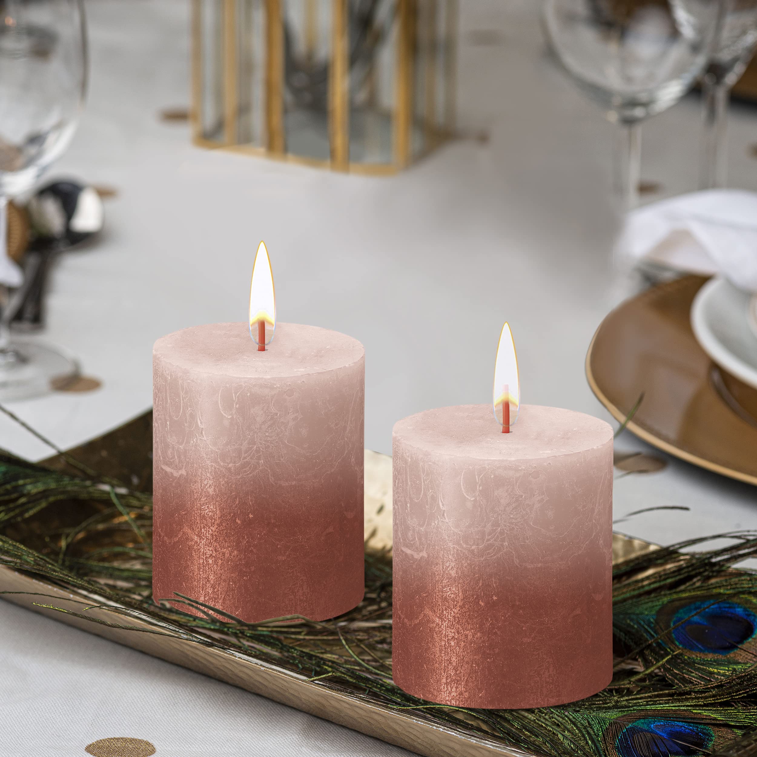 BOLSIUS 4 Pack Misty Pink/Amber Sunset Rustic Metallic Pillar Candles - 2.75 X 5 Inches - Fine European Quality - includes Natural Plant-Based Wax - Unscented Dripless Smokeless 60 Hour Candles