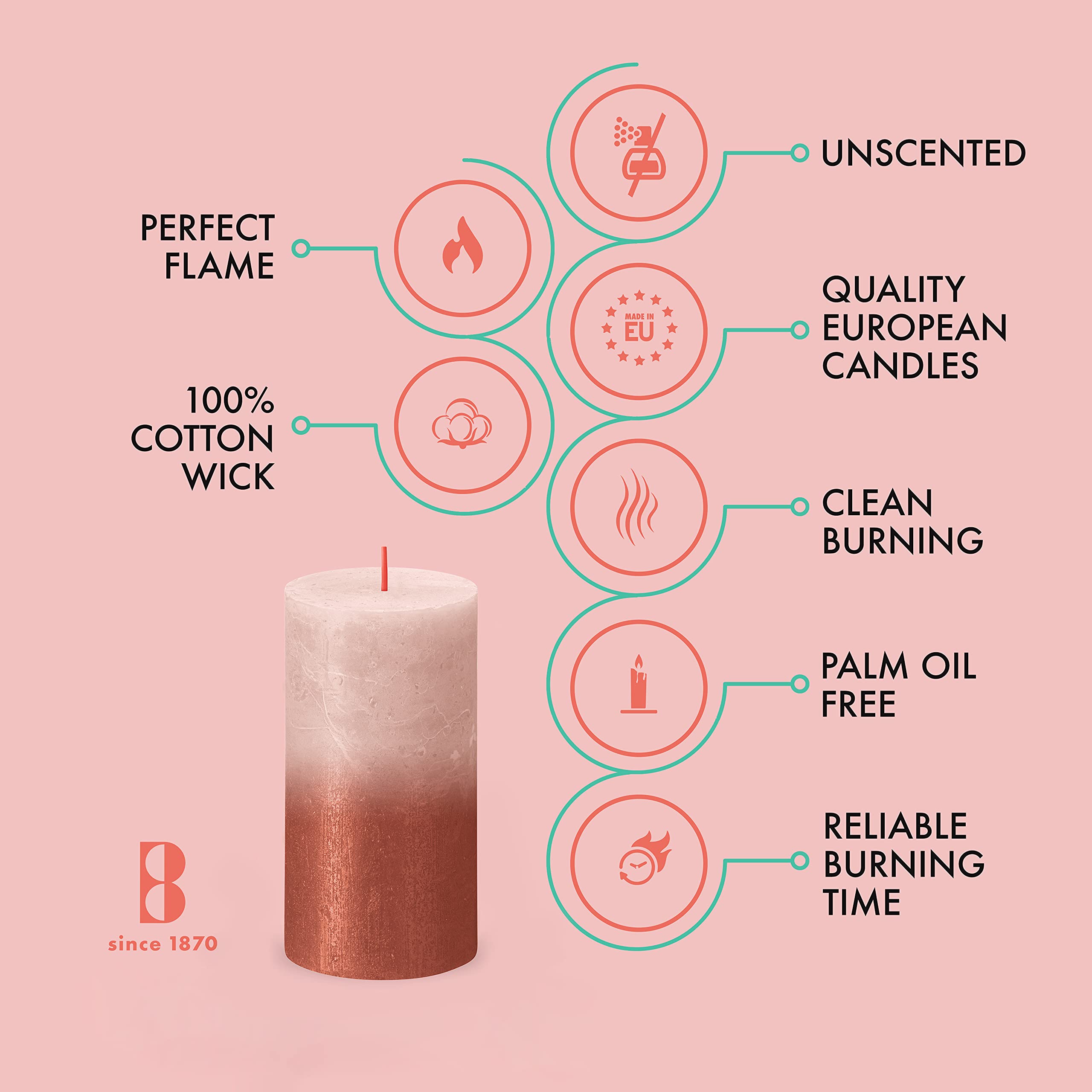 BOLSIUS 4 Pack Misty Pink/Amber Sunset Rustic Metallic Pillar Candles - 2.75 X 5 Inches - Fine European Quality - includes Natural Plant-Based Wax - Unscented Dripless Smokeless 60 Hour Candles