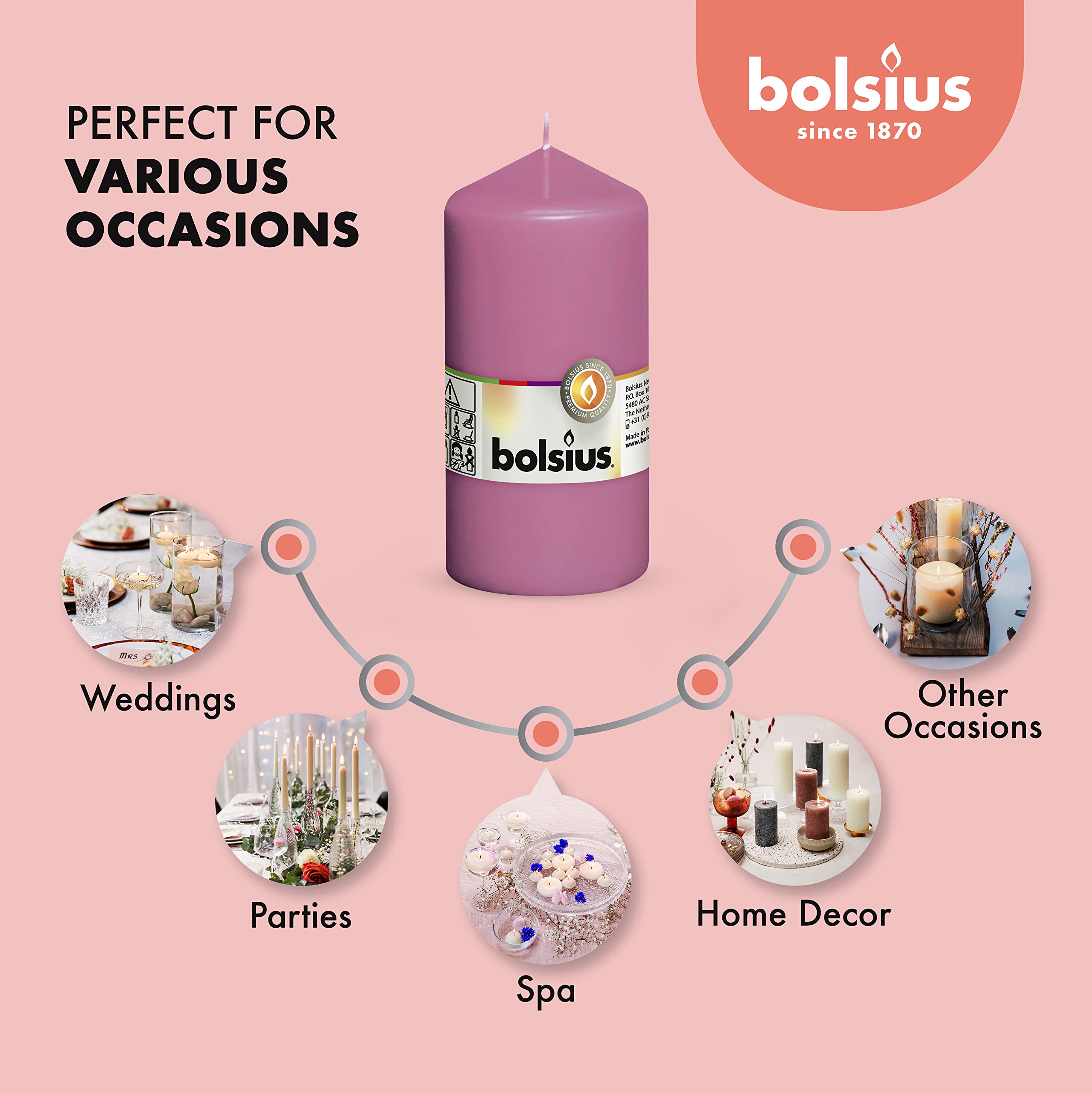 BOLSIUS 8 Pink Pillar Candles - 2.75 x 5 Inches - Premium European Quality - Individually Wrapped - 43 Hours Burn Time - Dripless & Smokeless - Unscented Dinner, Wedding, Party, & Restaurant Candles