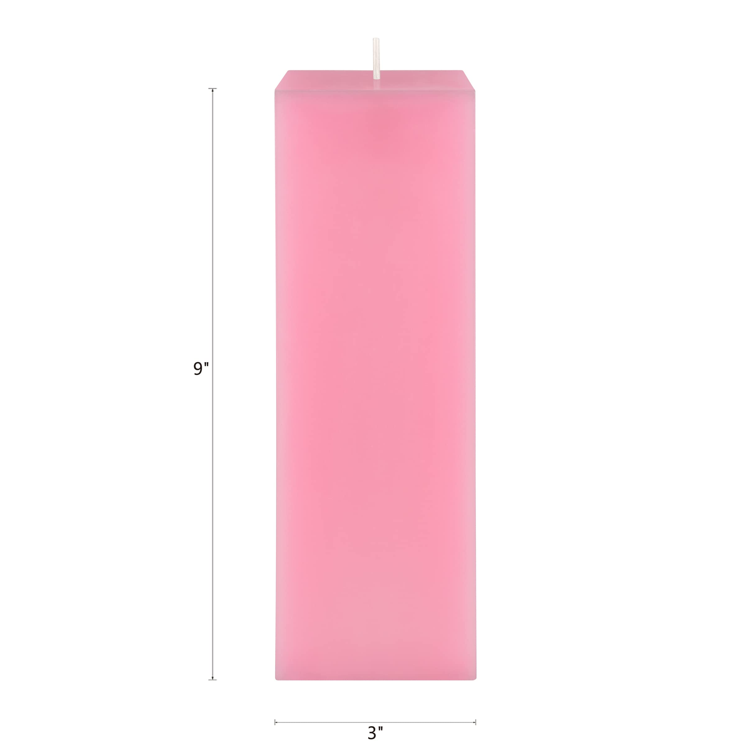 Mega Candles 1 pc Unscented Pink Square Pillar Candle, Hand Poured Premium Wax Candles 3 Inch x 9 Inch, Home Décor, Wedding Receptions, Baby Showers, Birthdays, Celebrations, Party Favors & More