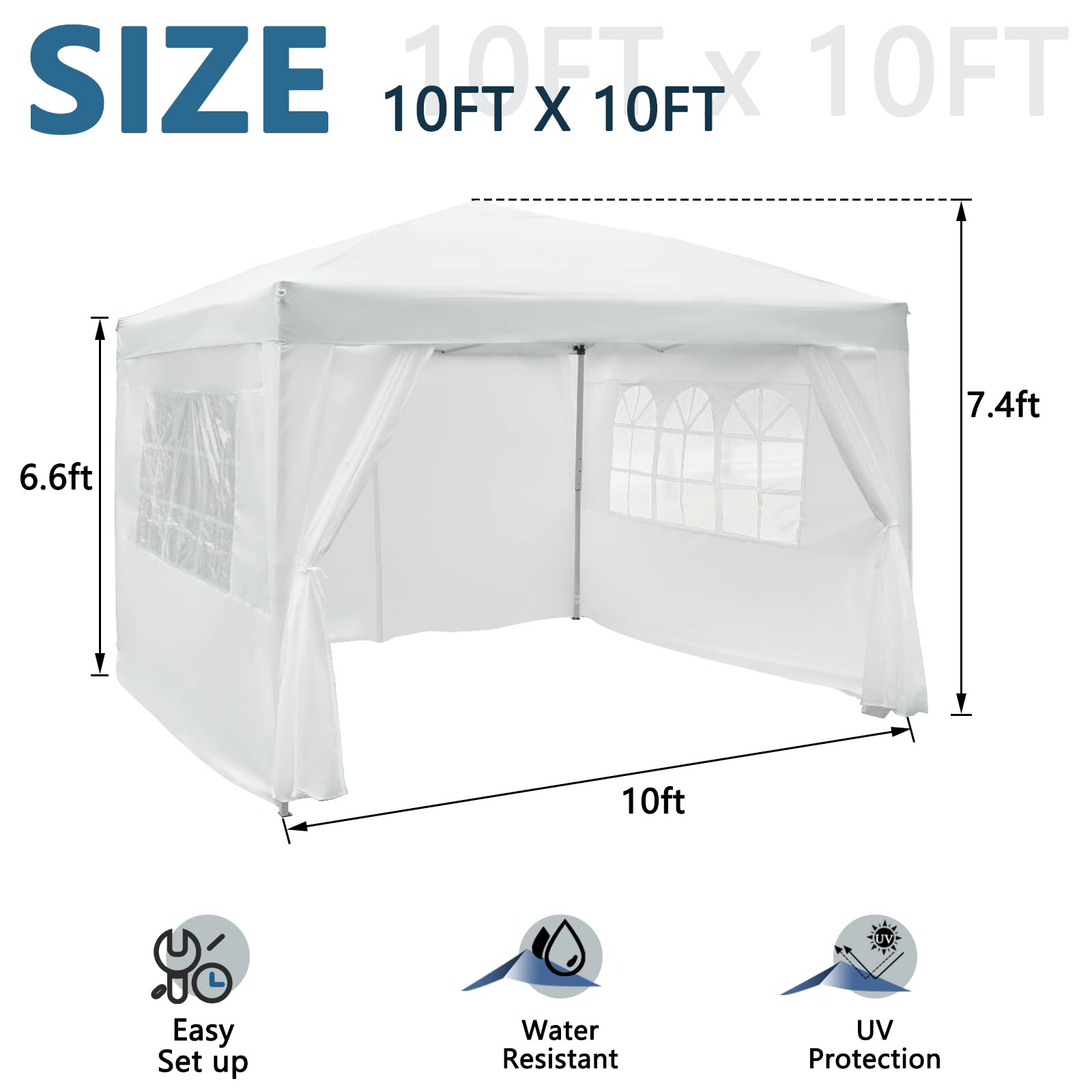 PHIKOOVA 10 x 10 ft Pop up Canopy Tent with 4 Sidewalls & 4 Sand Bags, Instant Folding Canopy Shelter with Elegant Church Window Outdoor Gazebo Easy Party Wedding Events Tent(White)