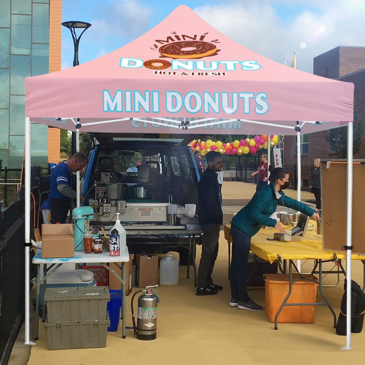 ABLEM8CANOPY Custom Canopy Tent 10x10 with Logo, Personalized Pop Up Canopy Tent with Optional Walls for Business Events, Trade Shows, Farmers Market, Roller Bag Included(Mini Donuts)