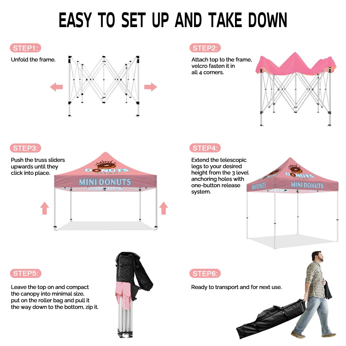 ABLEM8CANOPY Custom Canopy Tent 10x10 with Logo, Personalized Pop Up Canopy Tent with Optional Walls for Business Events, Trade Shows, Farmers Market, Roller Bag Included(Mini Donuts)