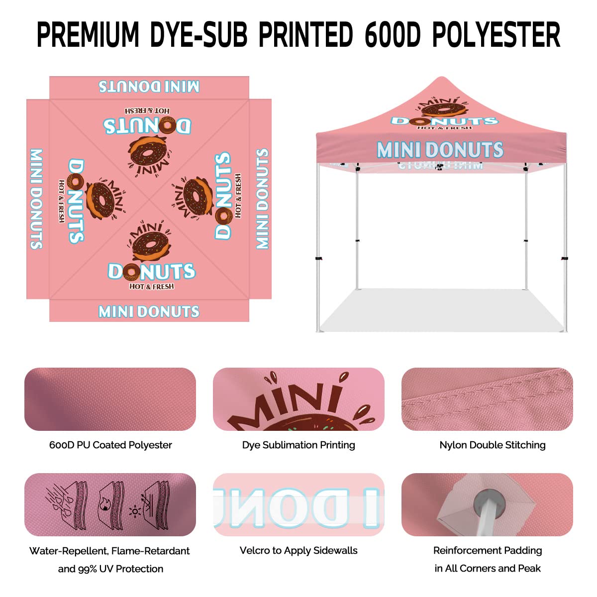 ABLEM8CANOPY Custom Canopy Tent 10x10 with Logo, Personalized Pop Up Canopy Tent with Optional Walls for Business Events, Trade Shows, Farmers Market, Roller Bag Included(Mini Donuts)