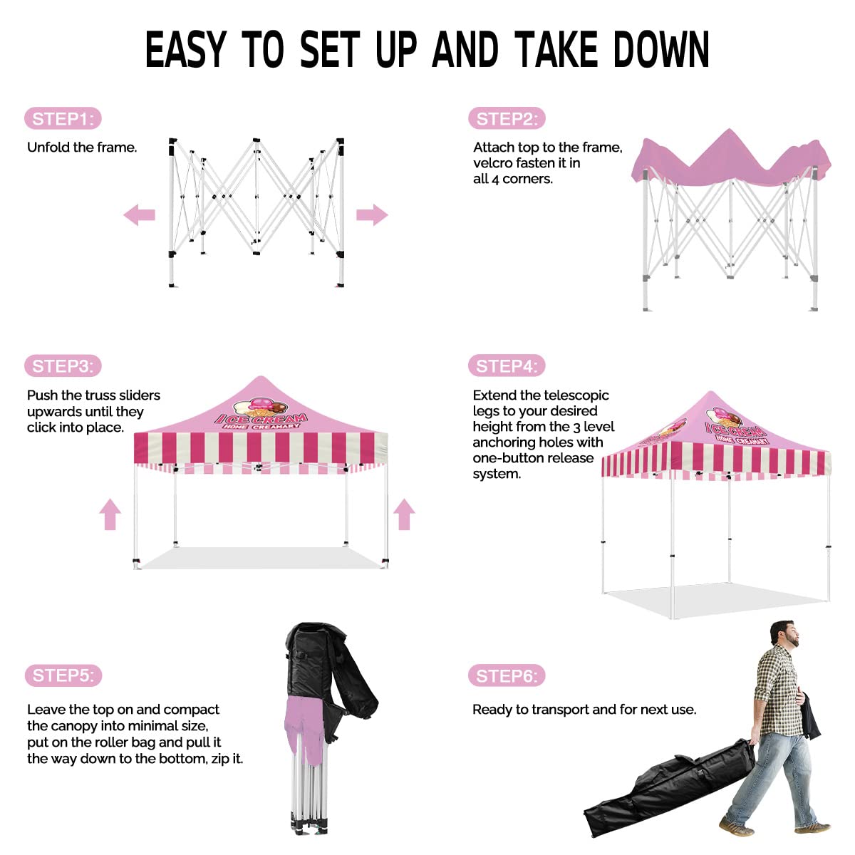 ABLEM8CANOPY Custom Canopy Tent 10x10 with Logo, Personalized Pop Up Canopy Tent with Optional Walls for Business Events, Trade Shows, Farmers Market, Roller Bag Included(ICE Cream)