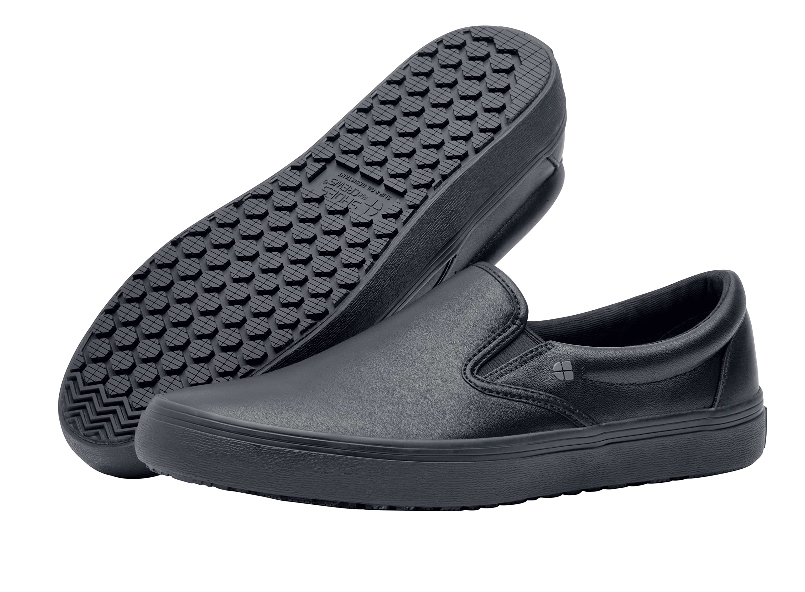 Shoes for Crews Merlin, Slip-On, Men's, Women's, Unisex, Slip Resistant Work Shoes, Black Leather, Men's Size 6.5 Wide, Women's Size 8 Wide