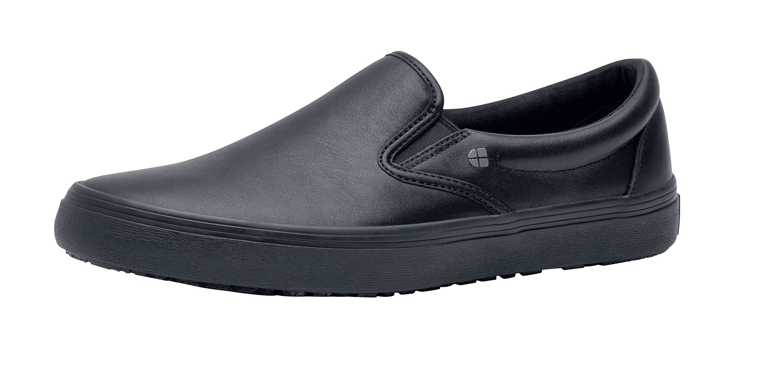 Shoes for Crews Merlin, Slip-On, Men's, Women's, Unisex, Slip Resistant Work Shoes, Black Leather, Men's Size 6.5 Wide, Women's Size 8 Wide