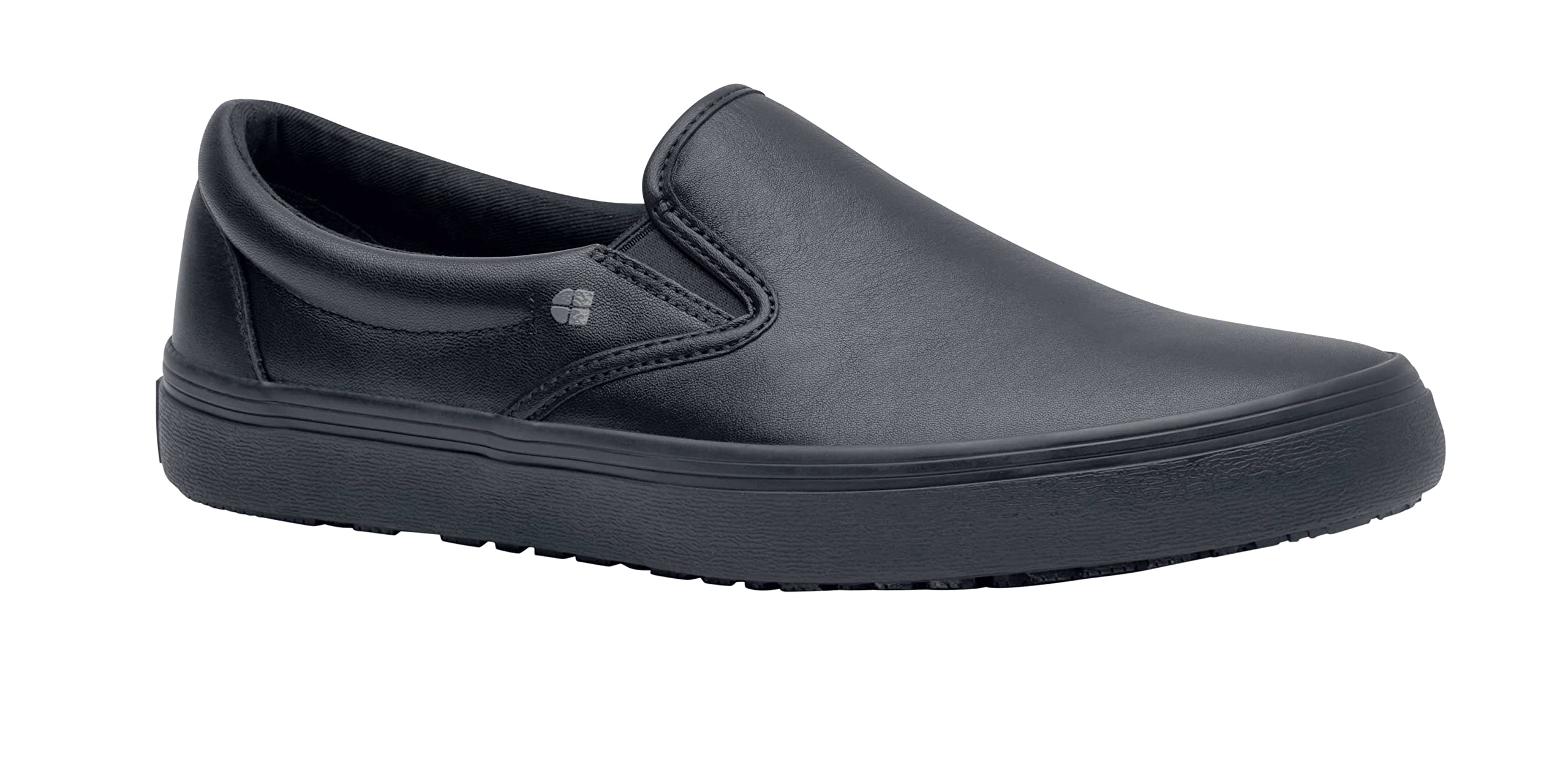 Shoes for Crews Merlin, Slip-On, Men's, Women's, Unisex, Slip Resistant Work Shoes, Black Leather, Men's Size 6.5 Wide, Women's Size 8 Wide