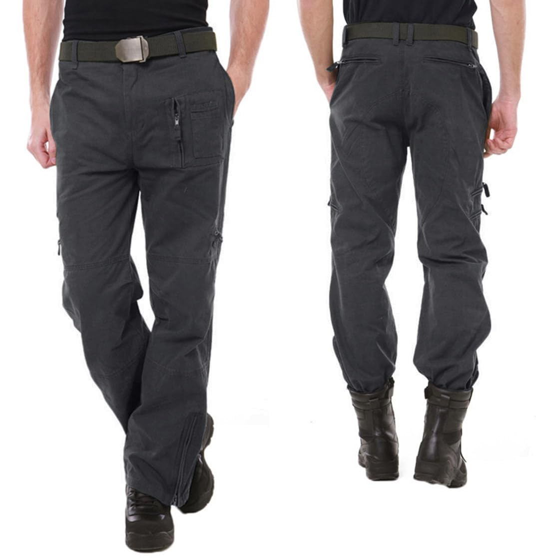 CRYSULLY Men's Casual Trousers Cotton Wild Cargo Pant Combat Wear Work Pants with Zipper Assault Pants Grey