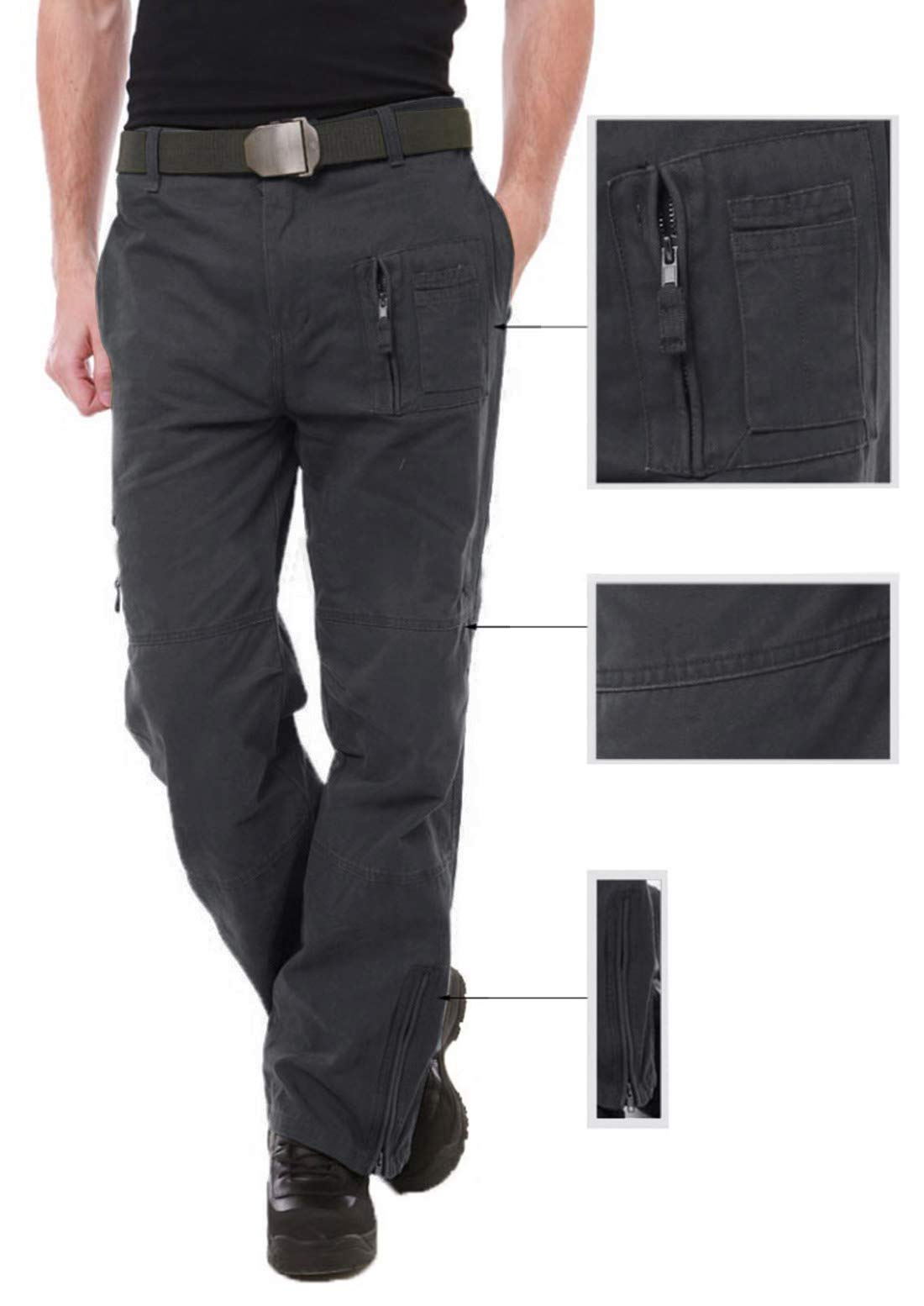 CRYSULLY Men's Casual Trousers Cotton Wild Cargo Pant Combat Wear Work Pants with Zipper Assault Pants Grey