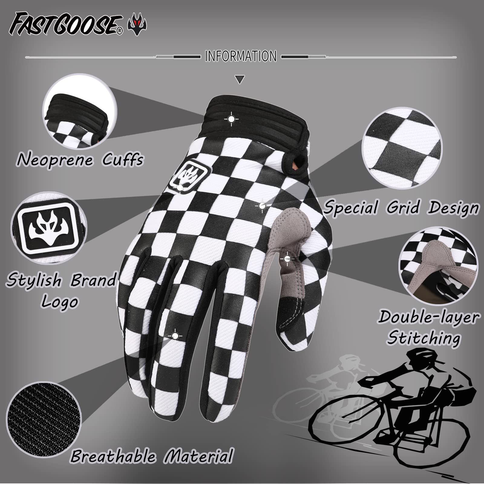 FASTGOOSE Cycling Gloves Bike Gloves Bicycle Gloves for Men/Women,Full-Finger Touch-Screen Breathable Mountain Bike Racing Gloves for ATV MTB,Motocross Gloves Motorcycle Gloves (Black/White, Large)