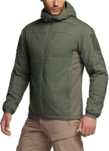 cqr men's insulated hooded tactical jacket, lightweight mid-layer warm hoodie, water resistant full zip hiking work coat, lightweight olive, large