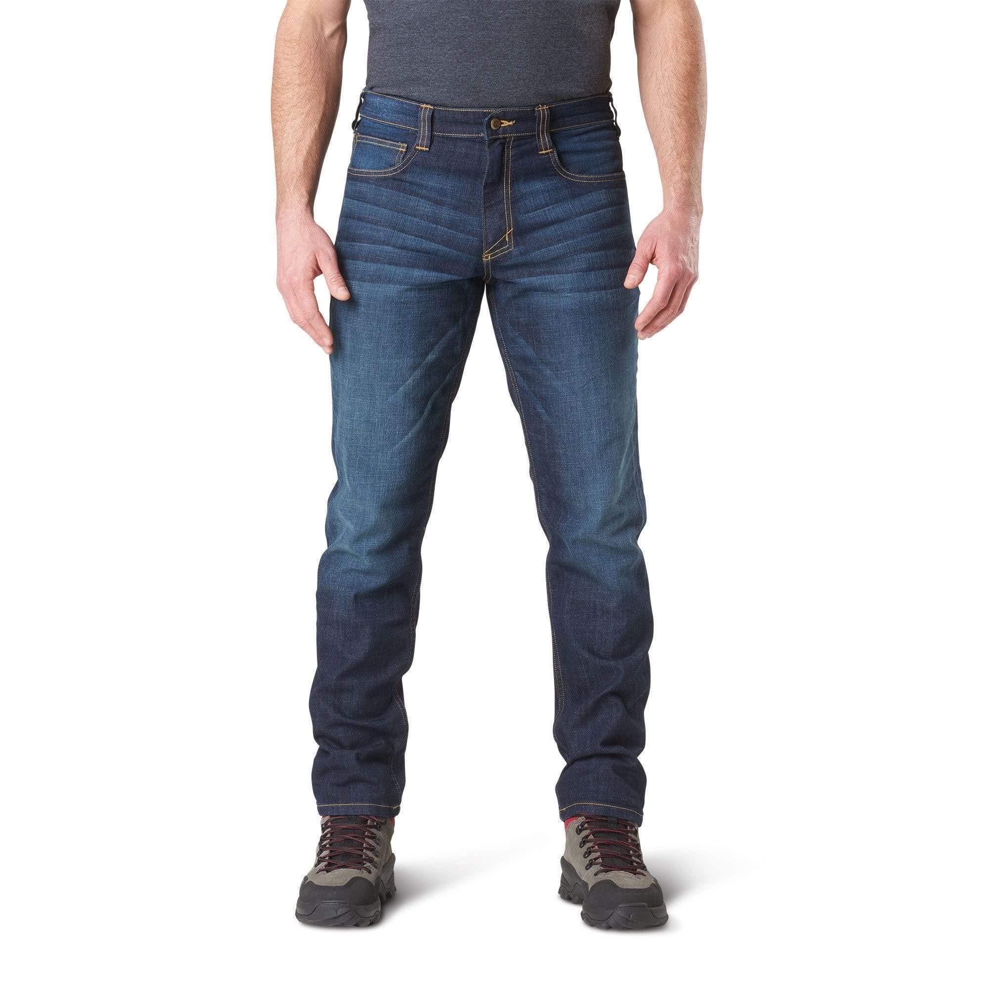 5.11 Tactical Mens Defender-Flex Slim Fit Jeans, Bar Tack Construction, Utility Pockets, Dark Wash Indigo, 38x30, Style 74465