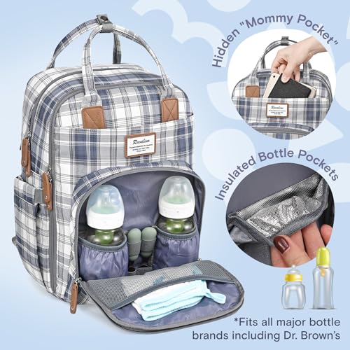 RUVALINO Diaper Bag Backpack - Multifunction Travel Back Pack Maternity Baby Changing Bags, Diaper Changing Totes, Large Capacity, Waterproof and Stylish, Baby Travel Essential, Blue Plaid