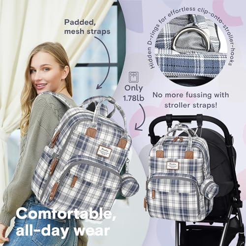 RUVALINO Diaper Bag Backpack - Multifunction Travel Back Pack Maternity Baby Changing Bags, Diaper Changing Totes, Large Capacity, Waterproof and Stylish, Baby Travel Essential, Blue Plaid