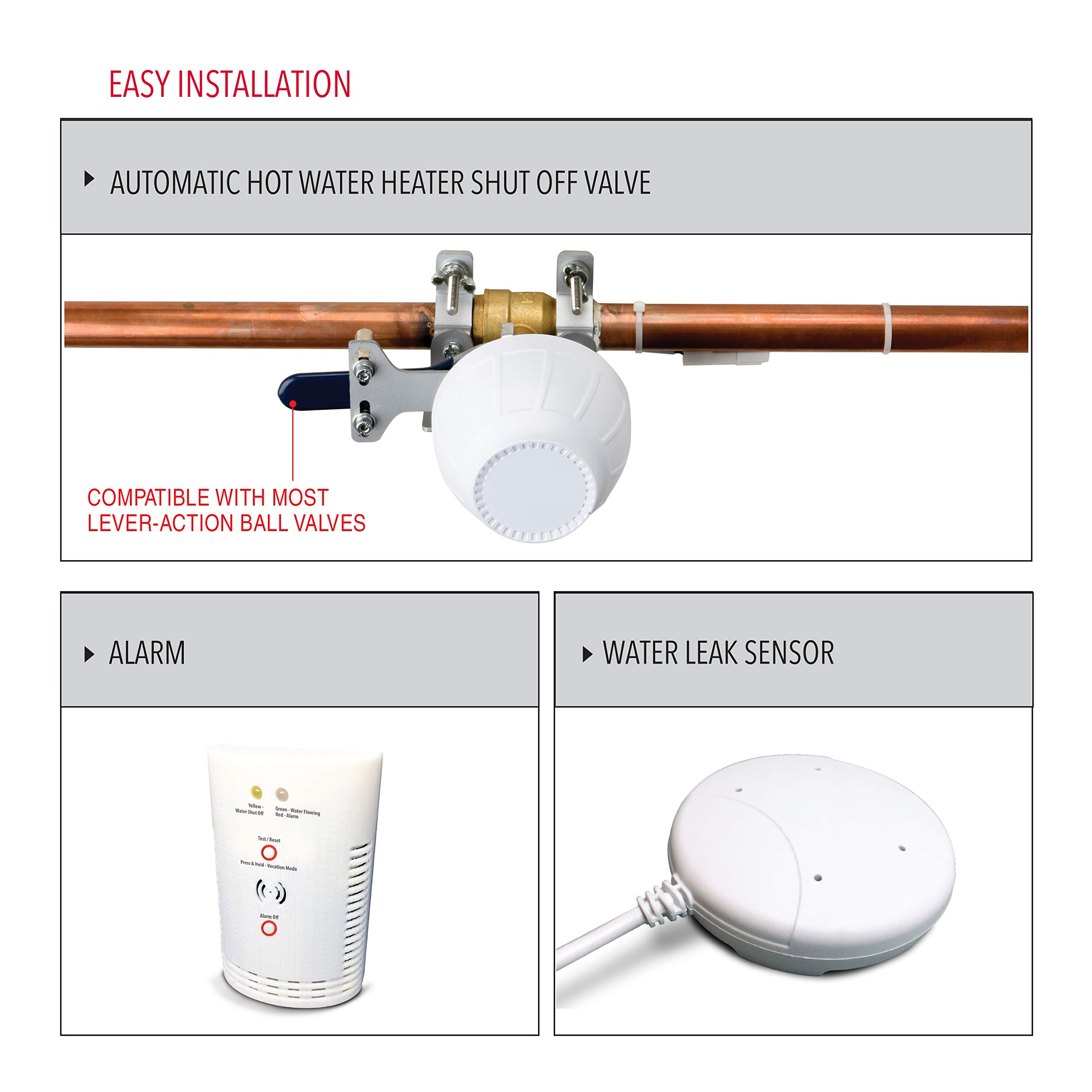 MyGuard Automatic Hot Water Heater Shut Off System and Water Leak Alarm and Detector, Quality Design and Material, Easy Installation, Compatible with Most Lever Action Ball Valves