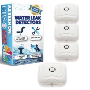 Water Leak Detector - Very Loud Water Sensor Alarm for Home, Flood Detection Alarm Sensor Alarm for Sinks, Sump Pumps, Basements, and Laundry Rooms by Mindful Design (White, 4 Pack)