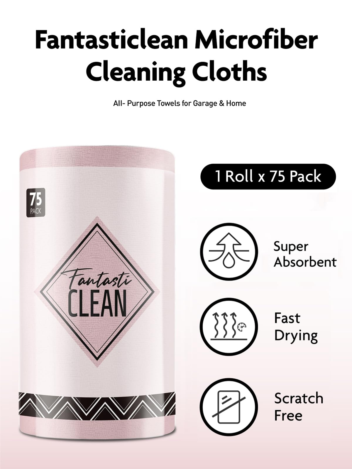 Fantasticlean Microfiber Cleaning Cloth Roll -75 Pack, 12x12", Tear Away Towels, Reusable Washable Rags (Pink)