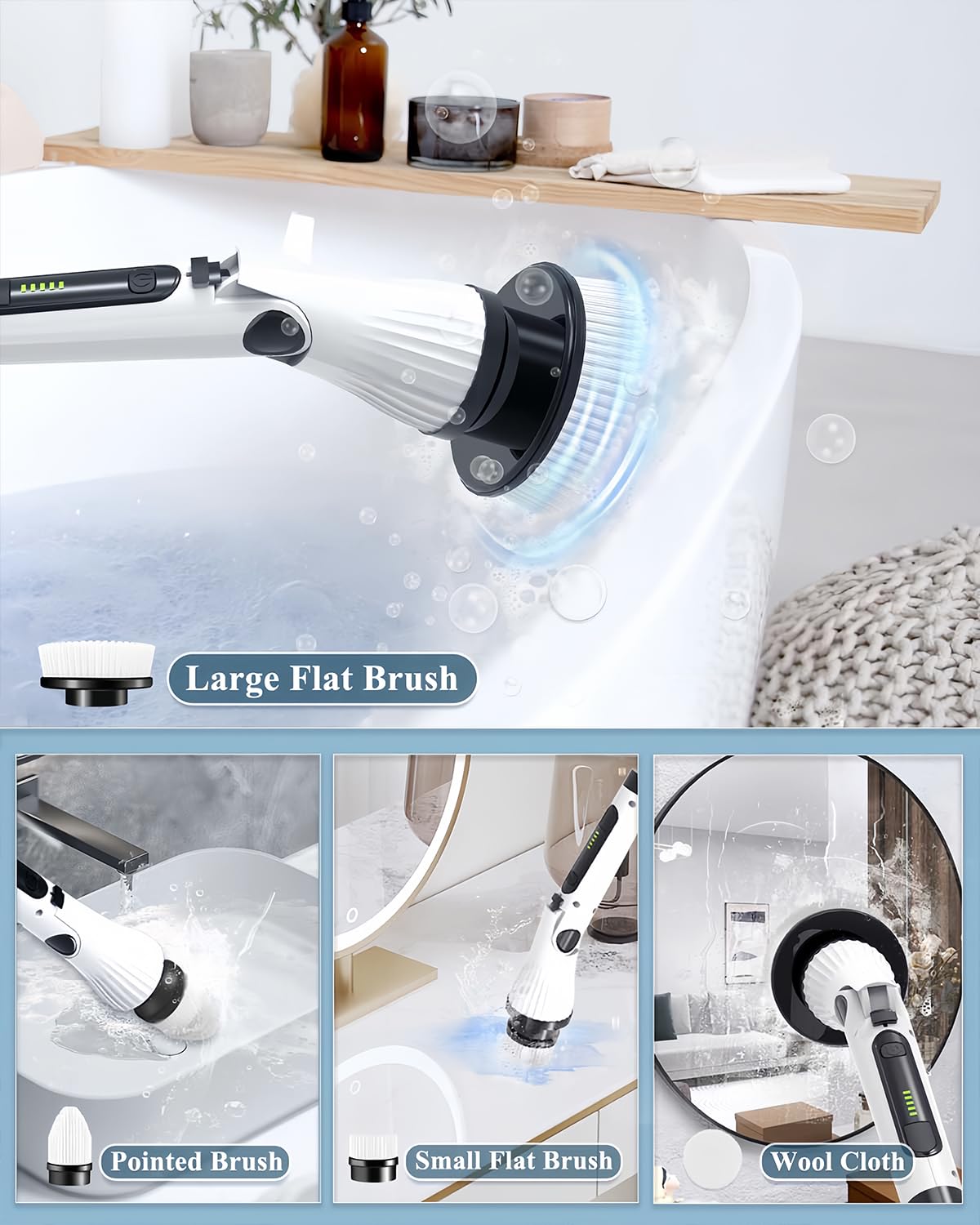 LOSUY Electric Spin Scrubber, 2024 New Cordless Cleaning Brush with 8 Replaceable Brush Heads, 2 Adjustable Speeds and 3 Extension Handle, Power Shower Scrubber for Bathroom, Floor, Tile, Tub