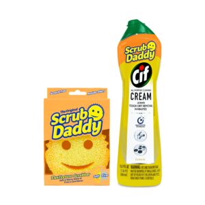 scrub daddy + cif all purpose cleaner, lemon - non scratch sponges for kitchen + bathroom - scrubber and multipurpose cleaner cream - cleaning supplies kit