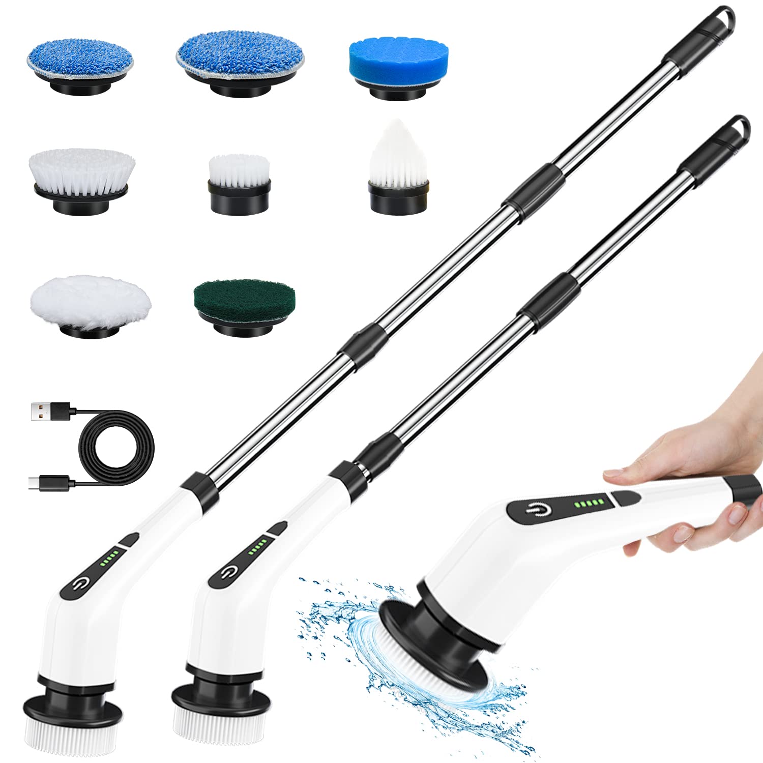 Vaxeple Electric Spin Scrubber, Cordless Cleaning Brush with 54" Adjustable Long Handle and 8 Replaceable Brush Heads, 2 Working Speed Shower Scrubber