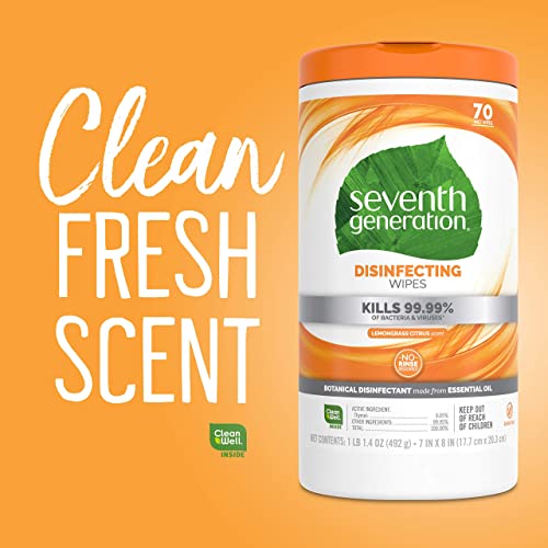 Seventh Generation Disinfecting Multi-Surface Wipes, Lemongrass Citrus, 70 Count, Pack of 3 (Packaging May Vary)