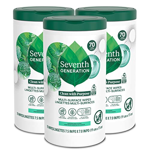 Seventh Generation Multi Purpose Wipes All Purpose Cleaning Garden Mint scent with 100% Essential Oils and Botanical Ingredients 70 count, Pack of 3