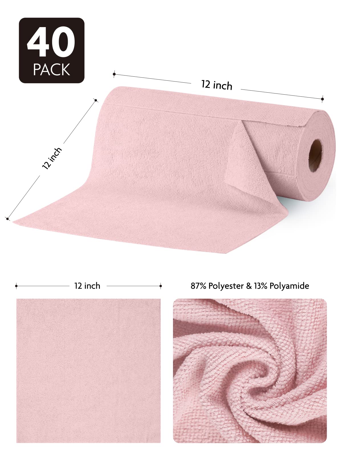 Fantasticlean Microfiber Cloths in a Roll, Reusable Washable Tear Away Cleaning Rag Towels, for Car, House, Garage or Kitchen, 12" x 12", 40 Pack (Pink)