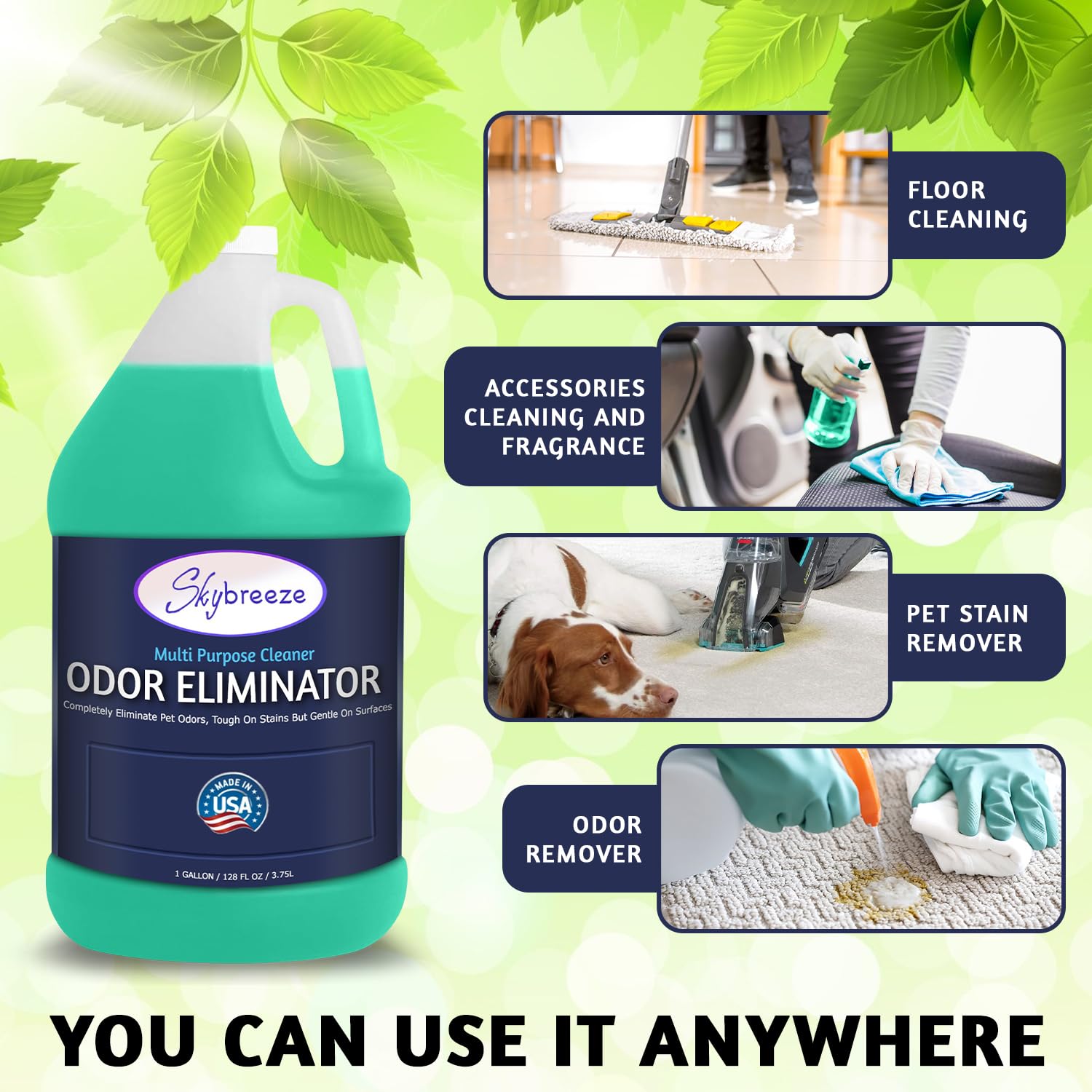 Multi Purpose Cleaner Pet Odor eliminator - pH Neutral - Strong Odor Floor Cleaner - Pet Odor Eliminator for Home - Best Scent Remover for Cat and Dog Pee All Purpose Cleaner 1 gallon (Sky Breeze)