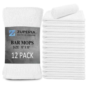 ZUPERIA Bar Mop Kitchen Towels- 12 Pack, 16 x 19 Inches, Bar Mop Towels -100% Cotton Barmops Towels - Super Absorbent, Multi-Purpose for Home, Kitchen and Bar Cleaning (White)