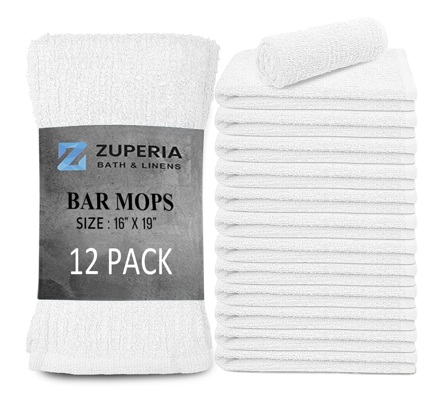 ZUPERIA Bar Mop Kitchen Towels- 12 Pack, 16 x 19 Inches, Bar Mop Towels -100% Cotton Barmops Towels - Super Absorbent, Multi-Purpose for Home, Kitchen and Bar Cleaning (White)