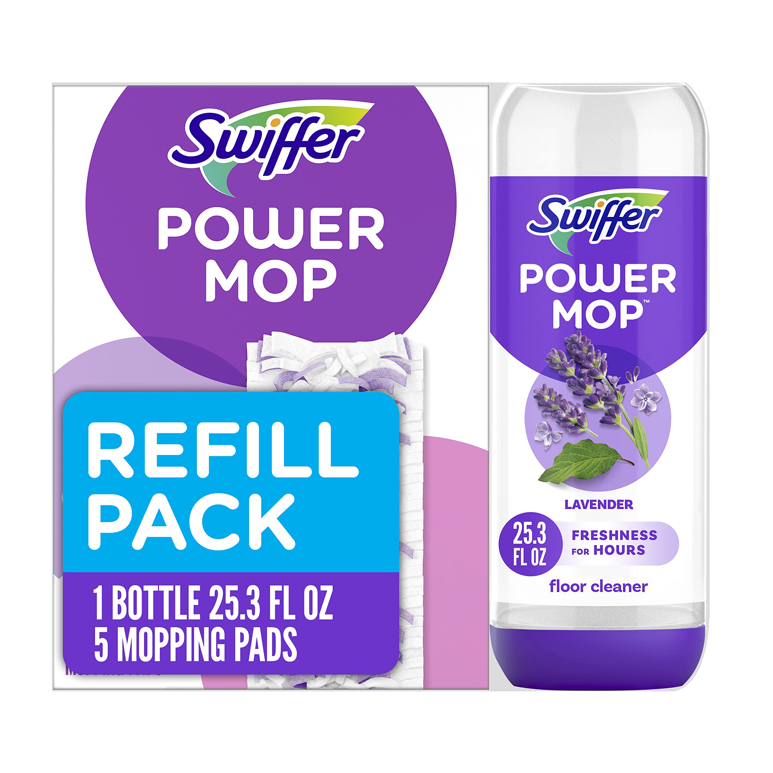 Swiffer PowerMop Multi-Surface Refill Pack for Floor Cleaning, Pack includes 5 Mopping Pad Refills, 1 Floor Cleaning Solution with Lavender Scent