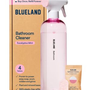 BLUELAND Bathroom Cleaning Spray Bottle with 4 Refill Tablets | Eco Friendly Products & Cleaning Supplies - Eucalyptus Mint Scent | Makes 4 x 24 Fl oz bottles (96 Fl oz total)