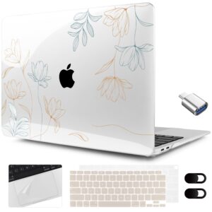 MEEgoodo for MacBook Air 13.3 inch Case 2021 2020 2019 2018 A2337 M1 A2179 A1932, Clear Case for MacBook Air M1, Hard Shell with Keyboard Webcam Cover & Trackpad Film & Type C Adapter,Engraving Floral