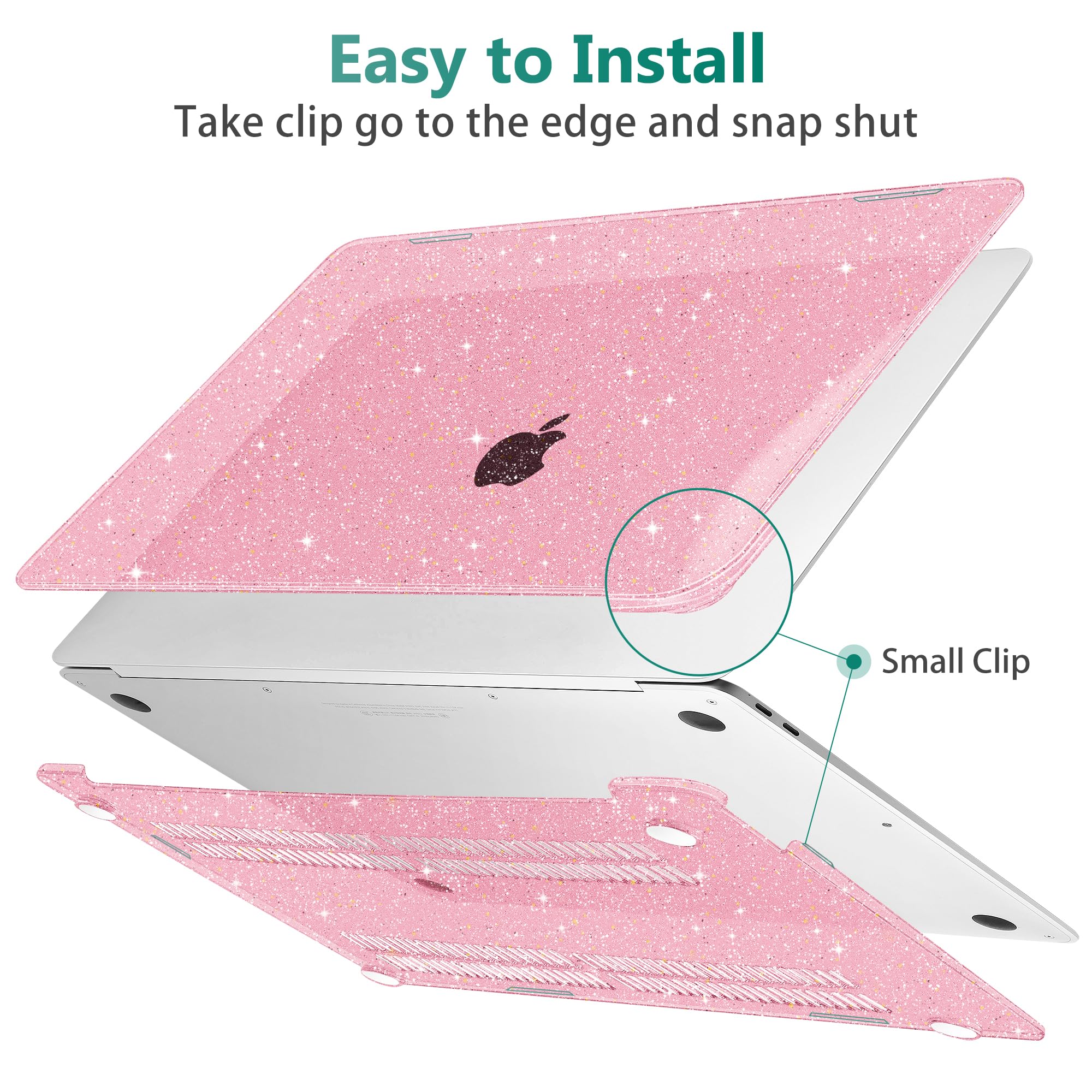 May Chen Compatible with MacBook Air 13 inch Case 2021 2020 2019 2018 Release Models: M1 A2337 A2179 A1932, Plastic Hard Shell Case for Mac Air 13 inch with Retina Fits Touch ID, Pink Glitter