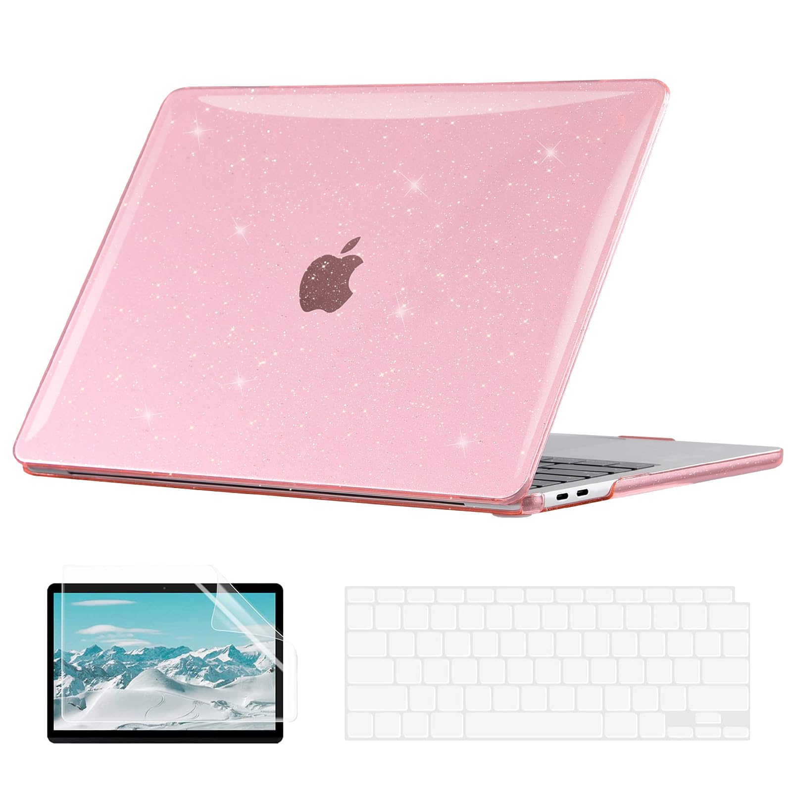 EooCoo Glitter Hard Case Compatible with MacBook Air 13 inch Case 2022 2021-2018 M1 A2337 A2179 A1932 with Retina Display, Plastic Hard Shell + TPU Keyboard Cover + Screen Protector, Sparkly Pink