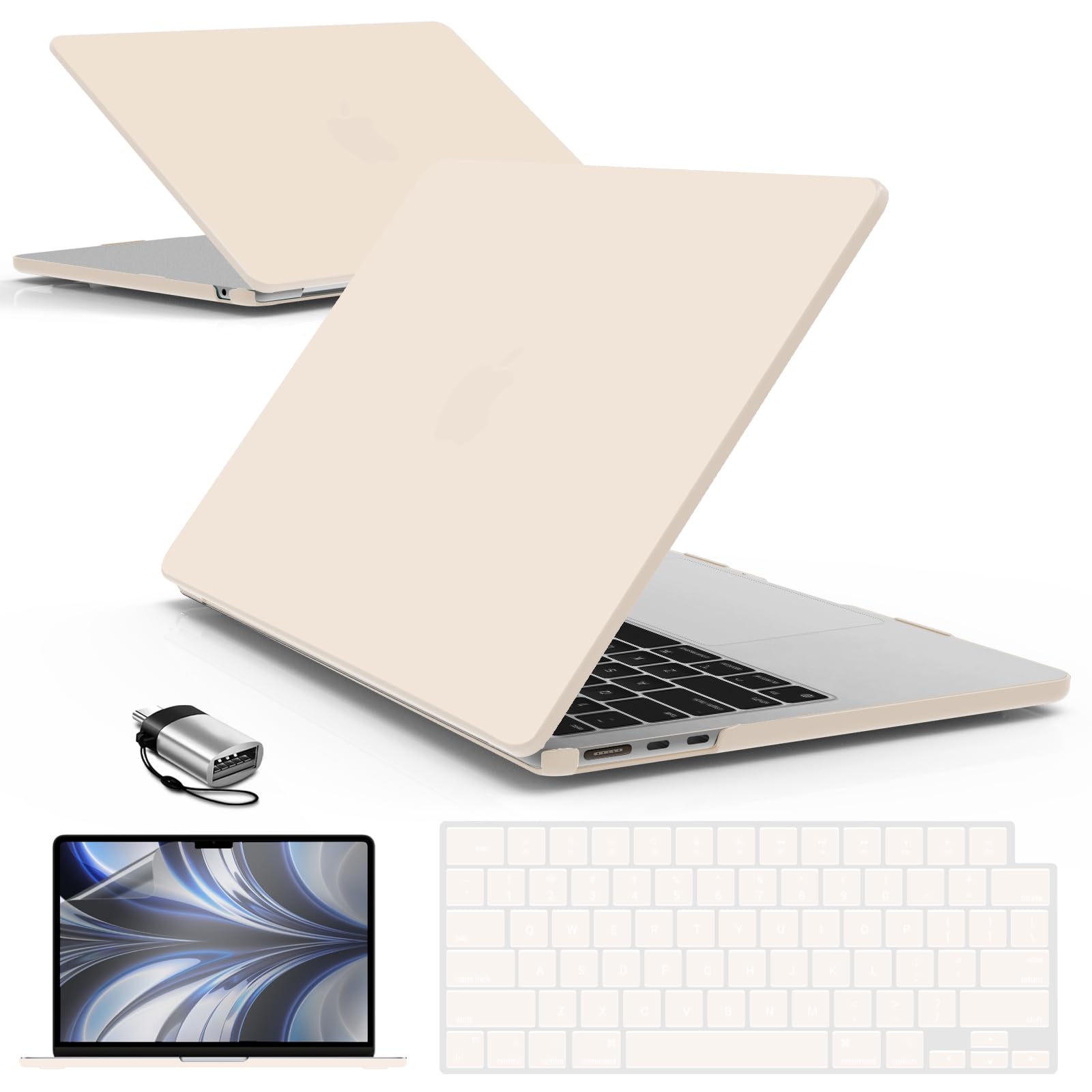 IBENZER Compatible with 2024 2023 2022 MacBook Air 13 inch Case M3 A3113 M2 A2681, HardShell Case & KeyboardCover & ScreenFilm & Type-C Adapter for Mac Air 13.6, Nude, AT13-KK-NU+2TC