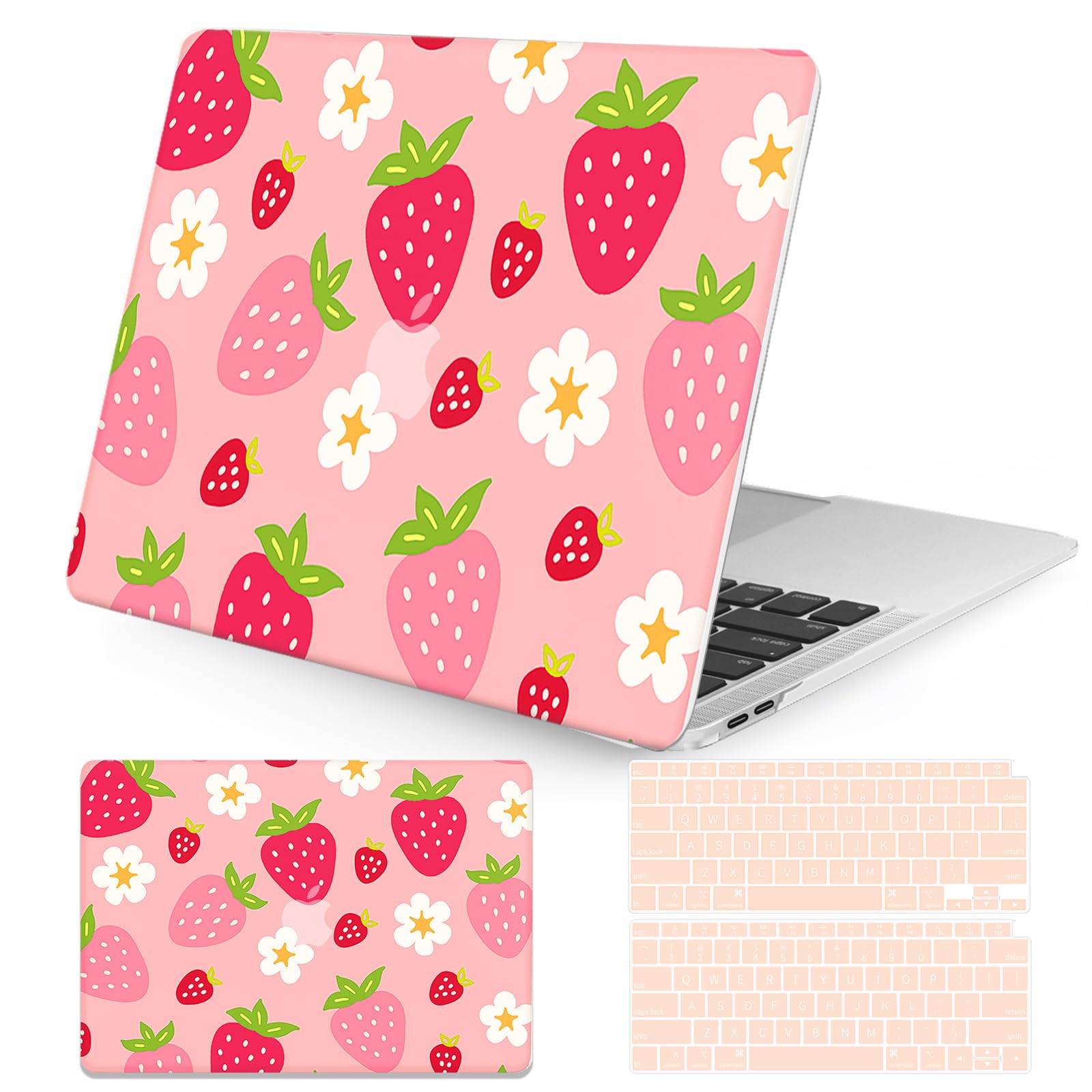 Seorsok Compatible with MacBook Air 13 Inch Case2022 2021 2020 2019 2018 Release A1932 A2179 M1 A2337 Touch ID,Cute Plastic Hard Shell Case with Keyboard Cover,Pink Strawberry and Flower