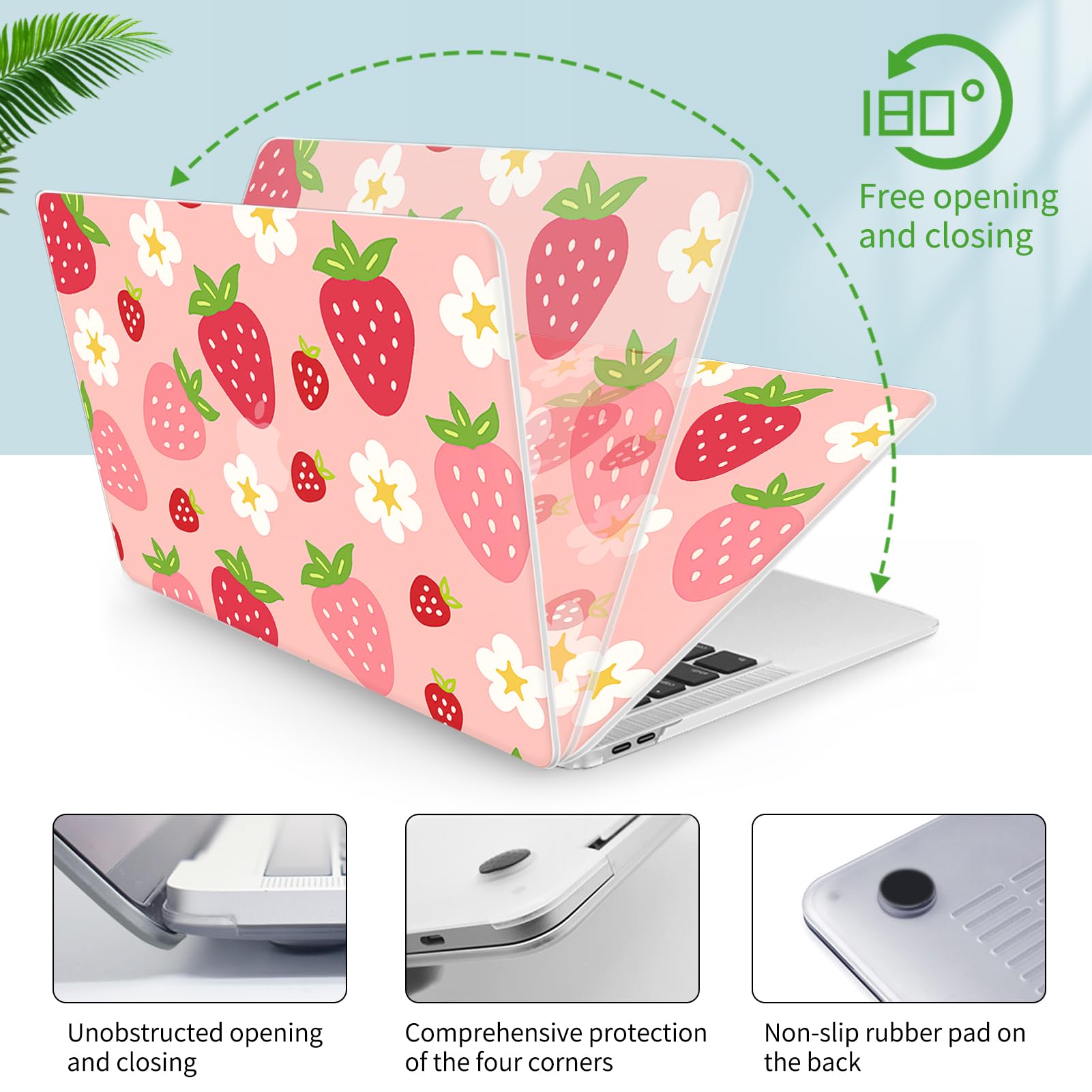 Seorsok Compatible with MacBook Air 13 Inch Case2022 2021 2020 2019 2018 Release A1932 A2179 M1 A2337 Touch ID,Cute Plastic Hard Shell Case with Keyboard Cover,Pink Strawberry and Flower