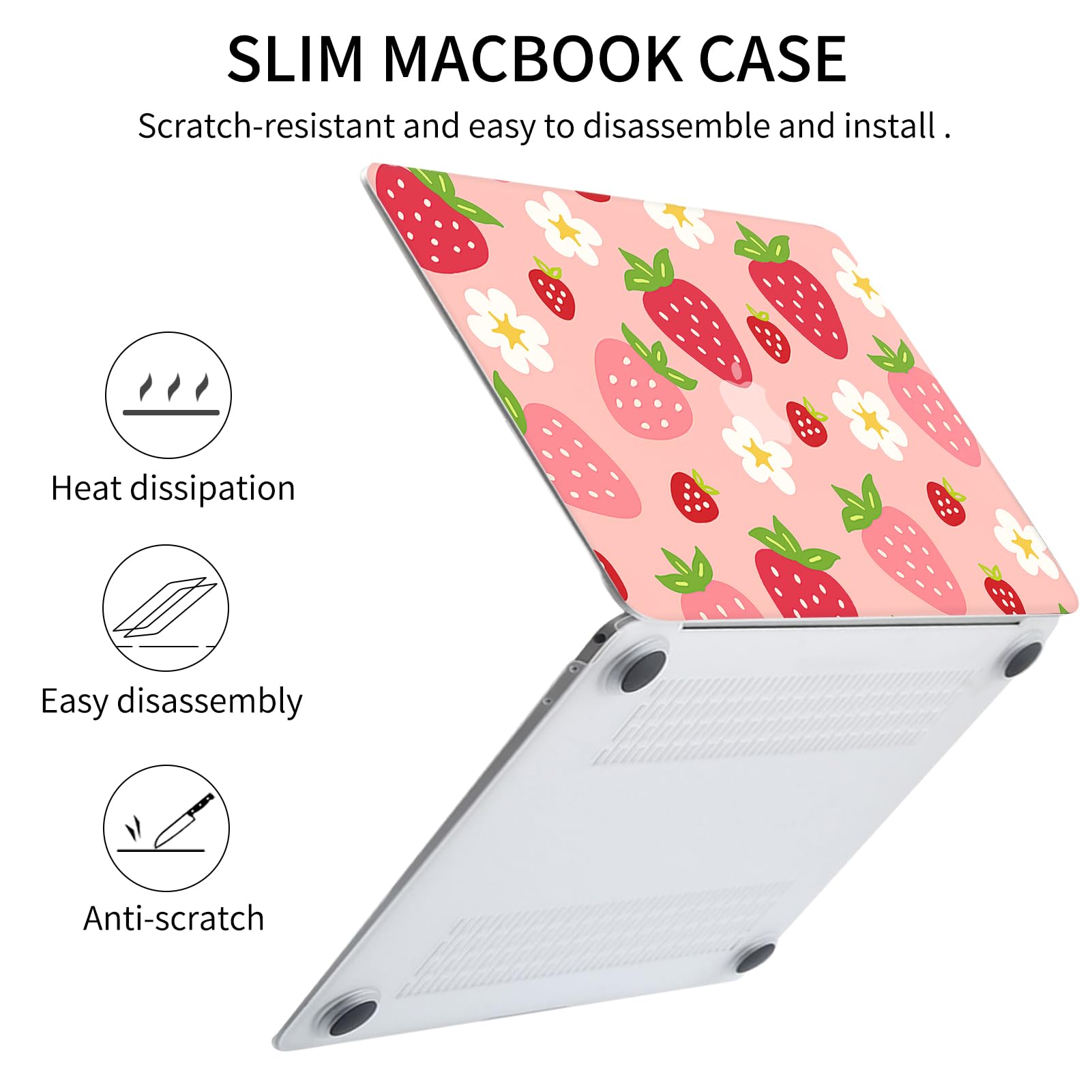 Seorsok Compatible with MacBook Air 13 Inch Case2022 2021 2020 2019 2018 Release A1932 A2179 M1 A2337 Touch ID,Cute Plastic Hard Shell Case with Keyboard Cover,Pink Strawberry and Flower