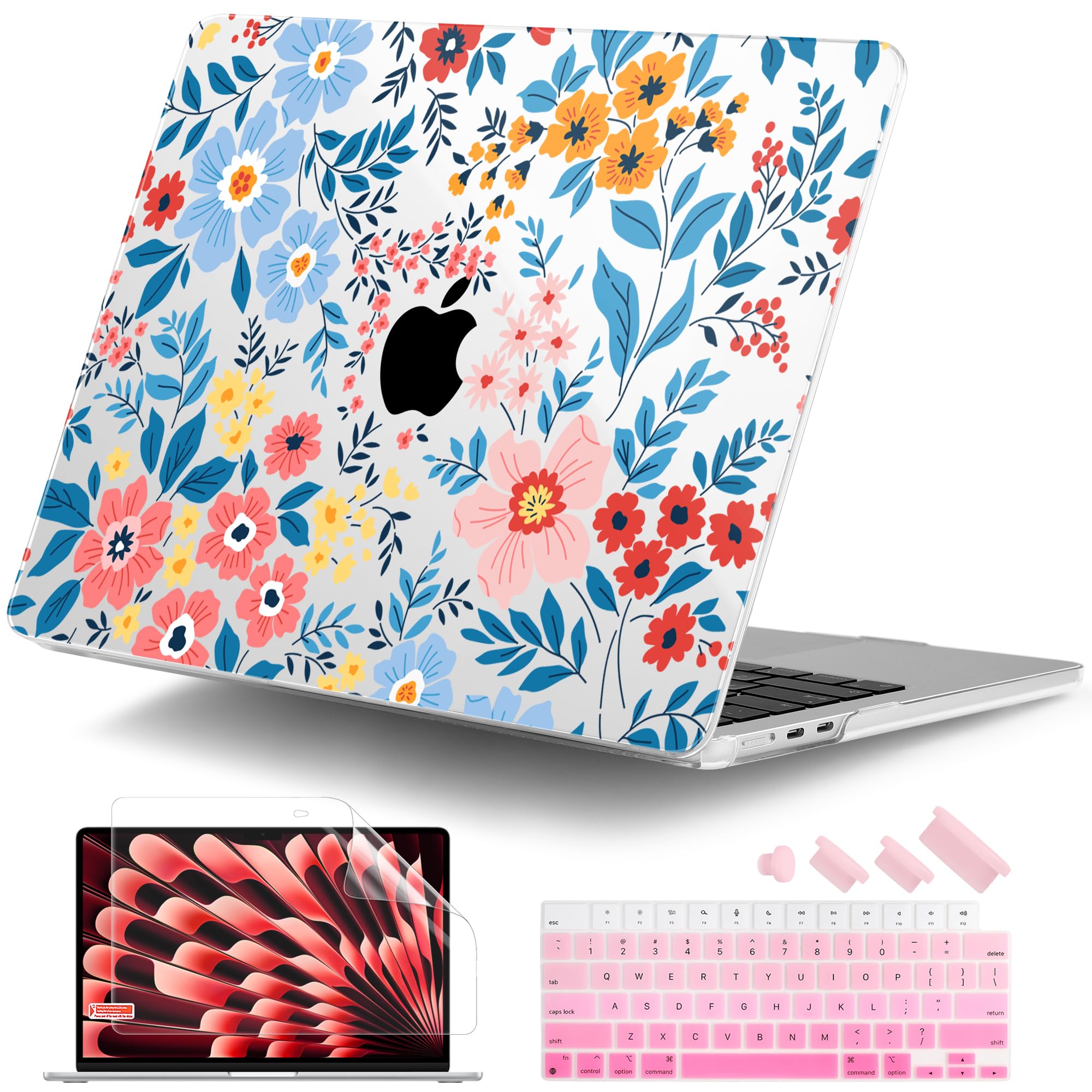 DONGKE for M3 M2 MacBook Air 15.3 inch Case 2023 2024 Release A2941 A3114 with Retina Display & Touch ID, Plastic Hard Case & Keyboard Skin & Screen Protector for MacBook Air 15" - Multicolor Flowers