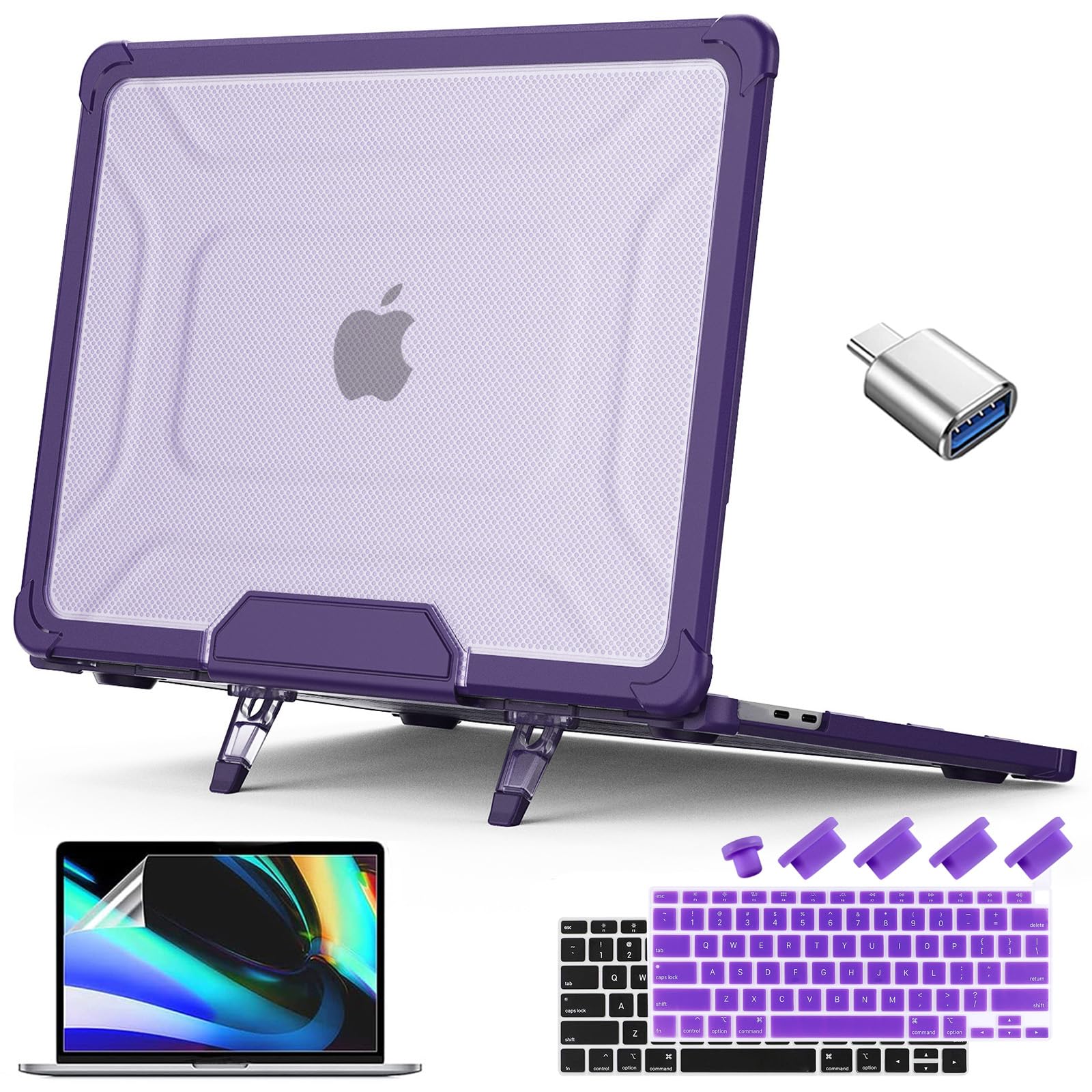 Teryeefi for 2020 2019 2018 MacBook Air 13 inch Case M1 A2337 A2179 A1932, [Shockproof] [Heavy Duty] Hard Shell with Fold Kickstand Function + Keyboard Cover + Screen Protector+OTG Adapter, Purple